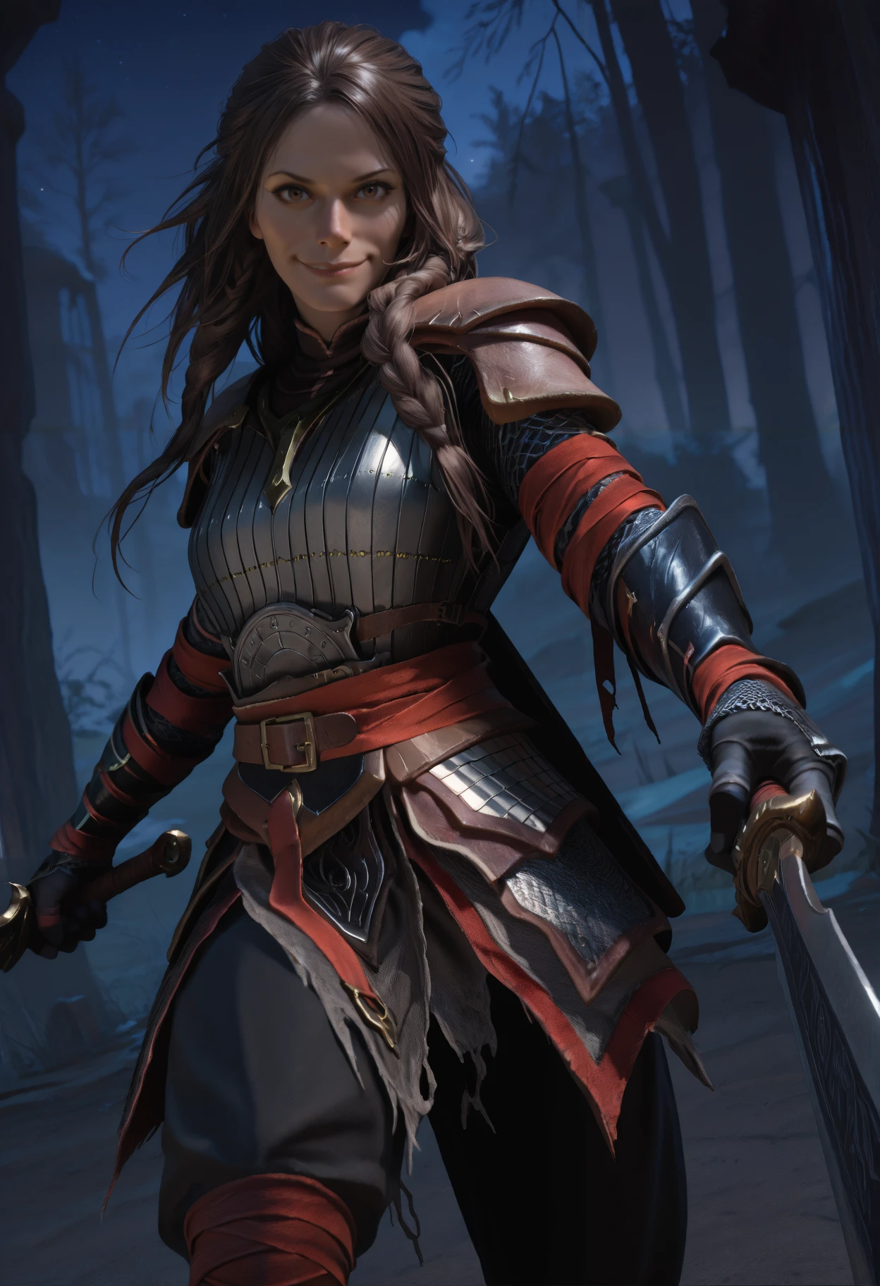 masterpiece, best quality, newest, absurdres, highres, realistic, photorealistic, looking at viewer, dark, outdoors, night, closed mouth, 1girl, solo, brown eyes, long hair, brown hair, braid, arm tattoo, freya_wbd, armor, buckle, black pants, brown shoulder armor, red bandaged leg, red bandaged arm, layered skirt, long sleeves, black gauntlets, evil smile, grin, holding sword, aiming at viewer
<lora:gowfreya_Illustrious-000007:1>