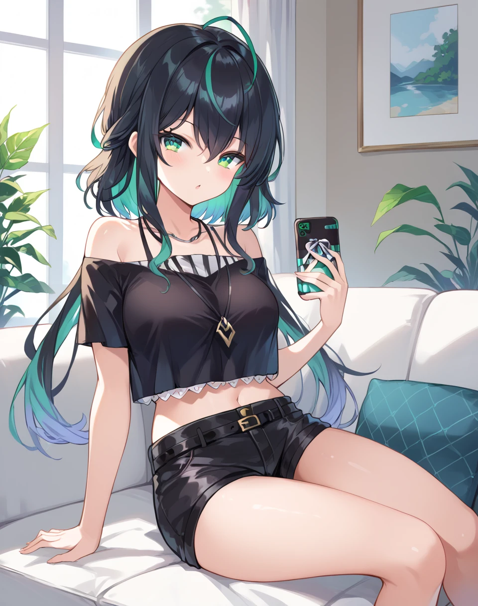 shin_yuya, long hair, multicolored hair, black hair, green hair, low twintails, green eyes, virtual youtuber, black top, bare shoulders, necklace, black shorts, belt, <lora:Shin_Yuya:0.8>  BREAK indoors, living room, couch BREAK sexy face, looking at viewer, holding phone, sitting, open mouth, sit on couch , BREAK score_9, score_8_up, score_7_up, source_anime ,zPDXL,