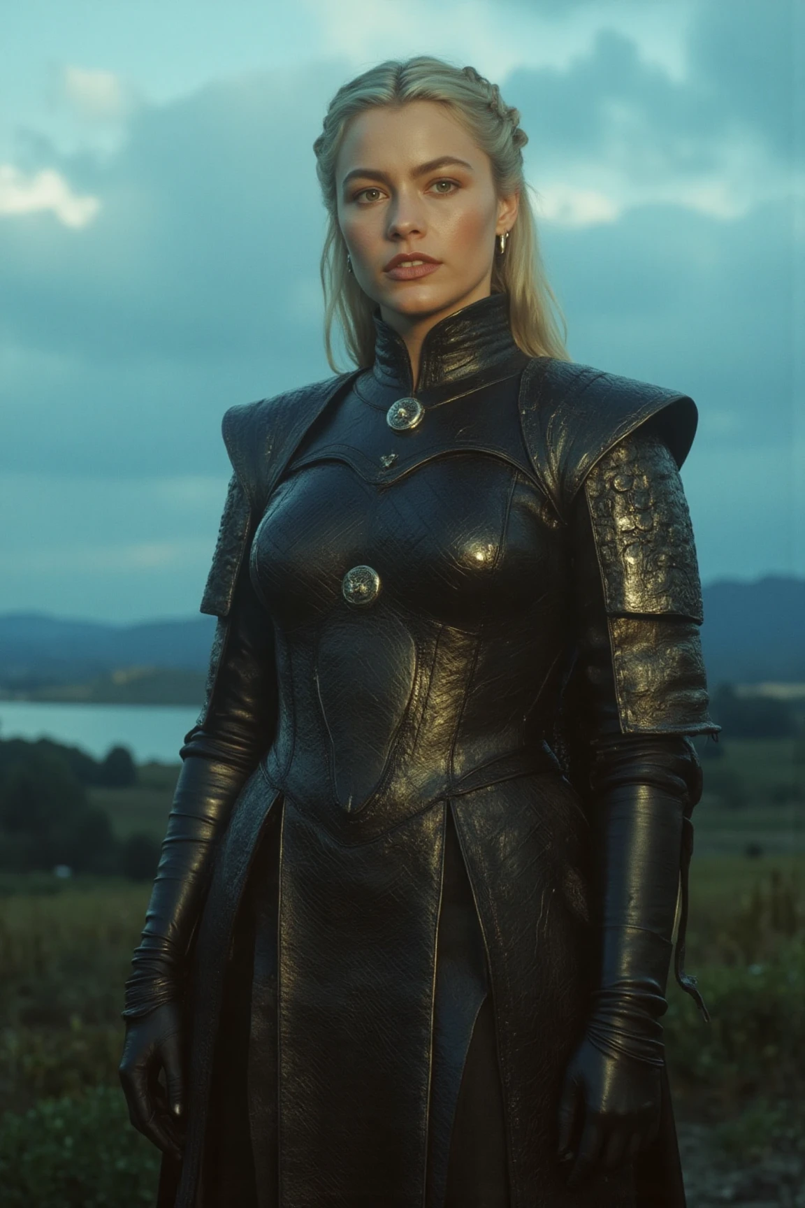 film shot of a beautiful game of thrones queen stands tall, her game of thrones attire glistening under soft even lighting. Her medium-bodied figure is centered in a medium-shot, as she locks eye contact with the viewer, her gaze piercing through the landscape behind. Every detail of her face and eyes are meticulously rendered, inviting us into this world. blue sky.