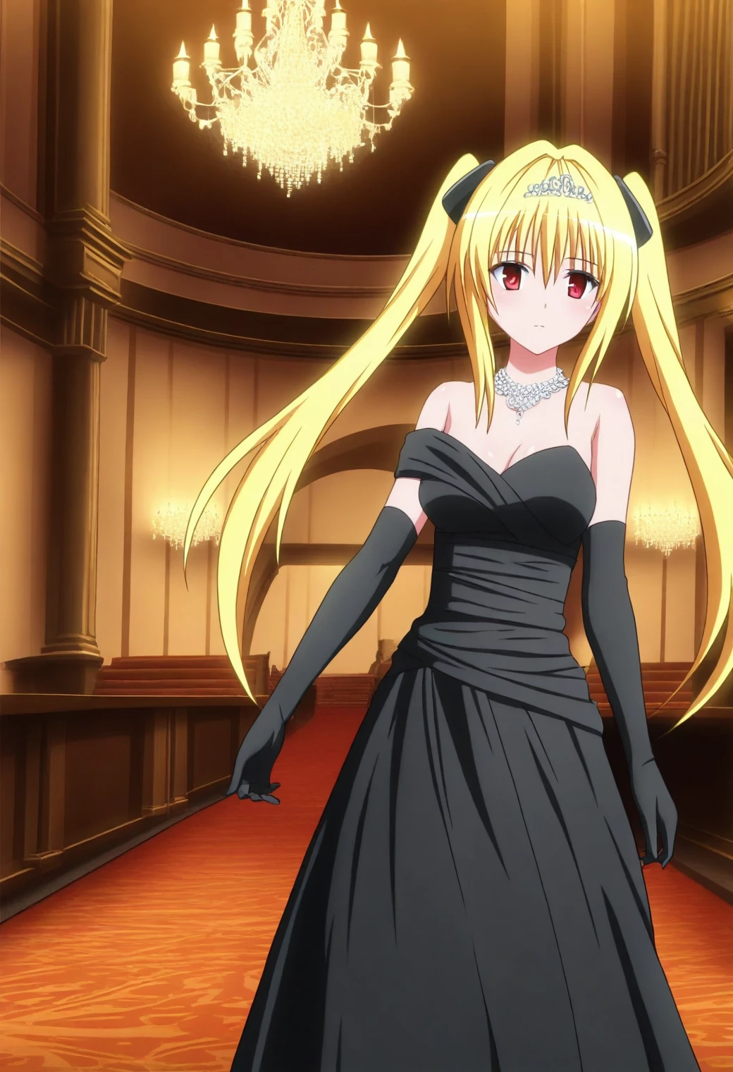 <lora:Konjiki no Yami - [To Love Ru] - illustriousXL v1:1>, sysdeep_yami, blonde hair, red eyes, twintails, long hair, solo, long gloves, ballroom, spinning with partner, dazzling atmosphere