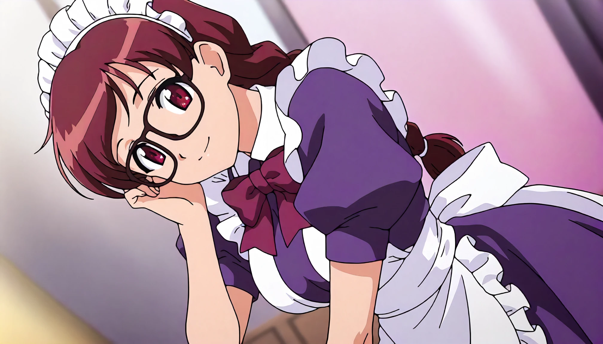 <lora:AYA_minazuki_taekoXLIllustrious001>,
masterpiece,best quality,good quality,newest,
detailed background,glitter,
smile,
looking at viewer,
solo,
anime coloring,
minazuki_taeko\(final romance2\),1girl,red brown hair,single braid,red brown eyes,
glasses,
maid headdress,
maid,bowtie,purple dress,puffy_sleeves,short_sleeves,frill,white apron,
standing,