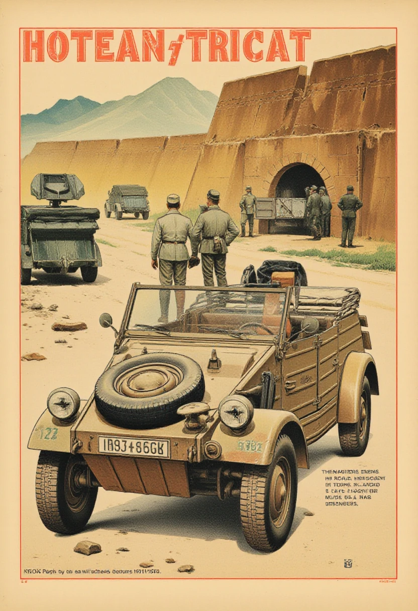 sketches, illustrations, World War II, African front, 1942, car parked on the outskirts of Tunisia, German soldiers,, <lora:kubelwagen_flux:1>,kubelwagen, DAK,africa,  <lora:minrill:1> minrill