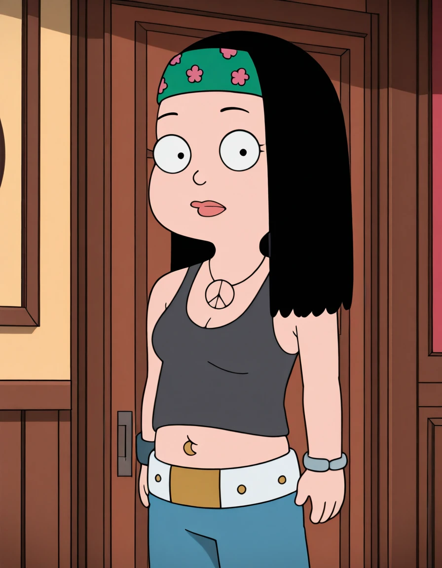 score_9_up,score_8_up,score_6,score_5,score_4, hayley, 1girl, black hair, long hair, solo, necklace, jewelry, tank top, headband, midriff, pants, sandals, belt, navel piercing, looking to viewer, smile, full body, toon \(style\), sitting on sofa, living room, sexy, spread legs, cameltoe, nipples, wet skin,