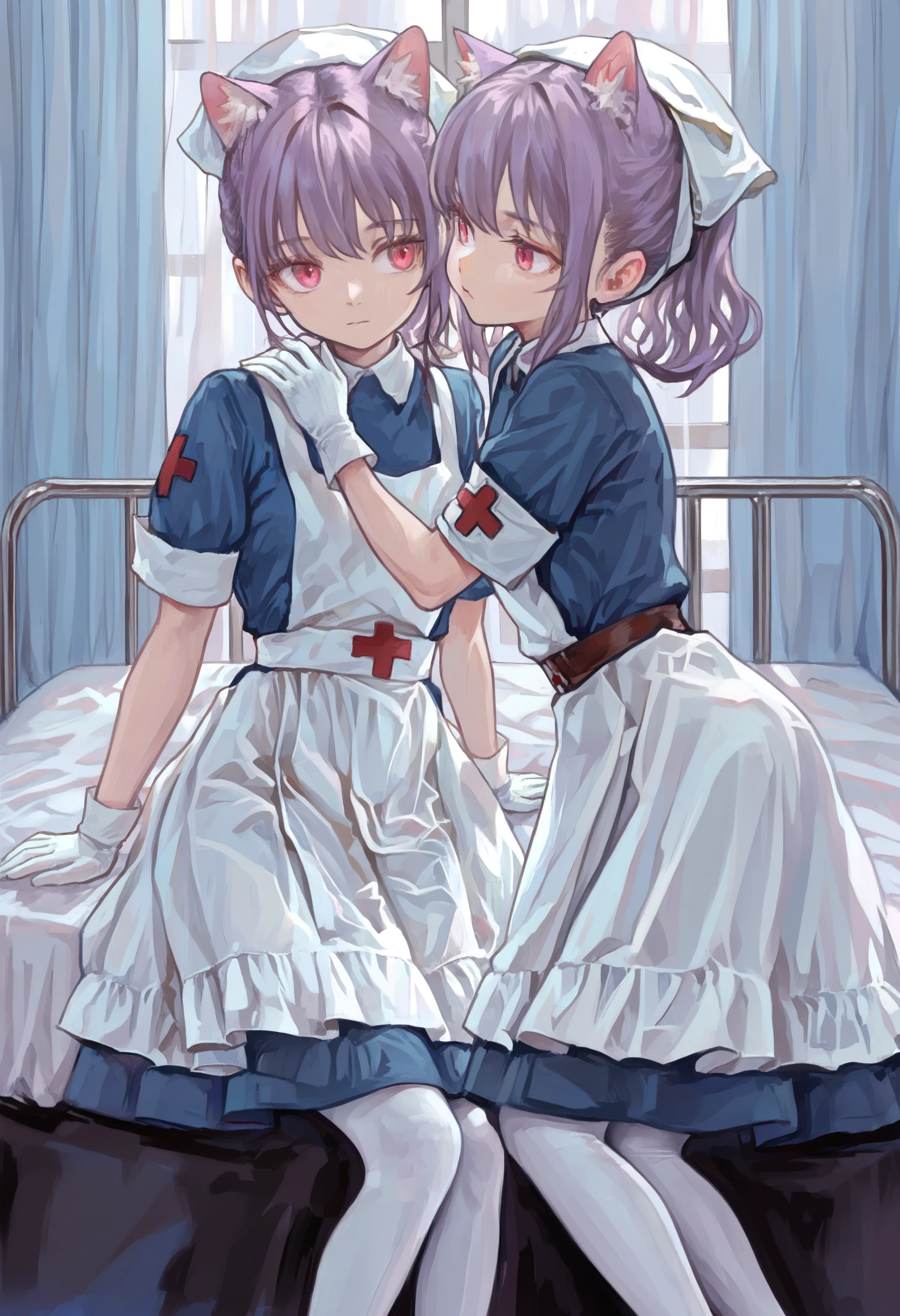 masterpiece, highres, absurdres, newest, very awa, painting \(medium\), (flat color:1.1),   2girls, twins, cat ears, animal ear fluff, purple hair, pink eyes, nurse, white apron, blue dress, white pantyhose, white gloves, feet out of frame,   <lora:spo_sdxl_10ep_4k-data_lora_webui>,  <lora:illustrious_noobai_epsilon_pred_1_best_quality_v1:0.4>, <lora:FKEY_WAI>,