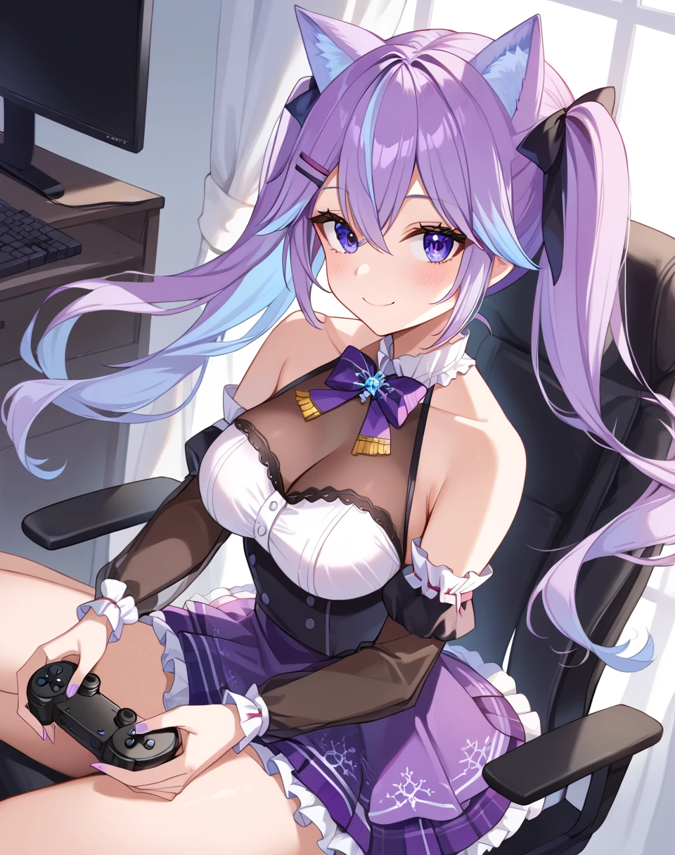 nun_bora, nun_bora_neko, long hair, purple hair, purple eyes, twintails, virtual youtuber, o cat ears, breasts,  medium breasts, neko clothes, see through cleavage, frilled collar, purple neck ribbon, purple skirt, frilled skirt, see through sleeves, detached sleeves, bare shoulder, arm garter, bodice, hair ribbon, BREAK indoors,gaming chair BREAK looking at viewer, sitted on chair,flirty face, seductive smile, game controller on hand, sexy pose   BREAK score_9, score_8_up, score_7_up, source_anime ,zPDXL,<lora:Nun_Bora:0.8>