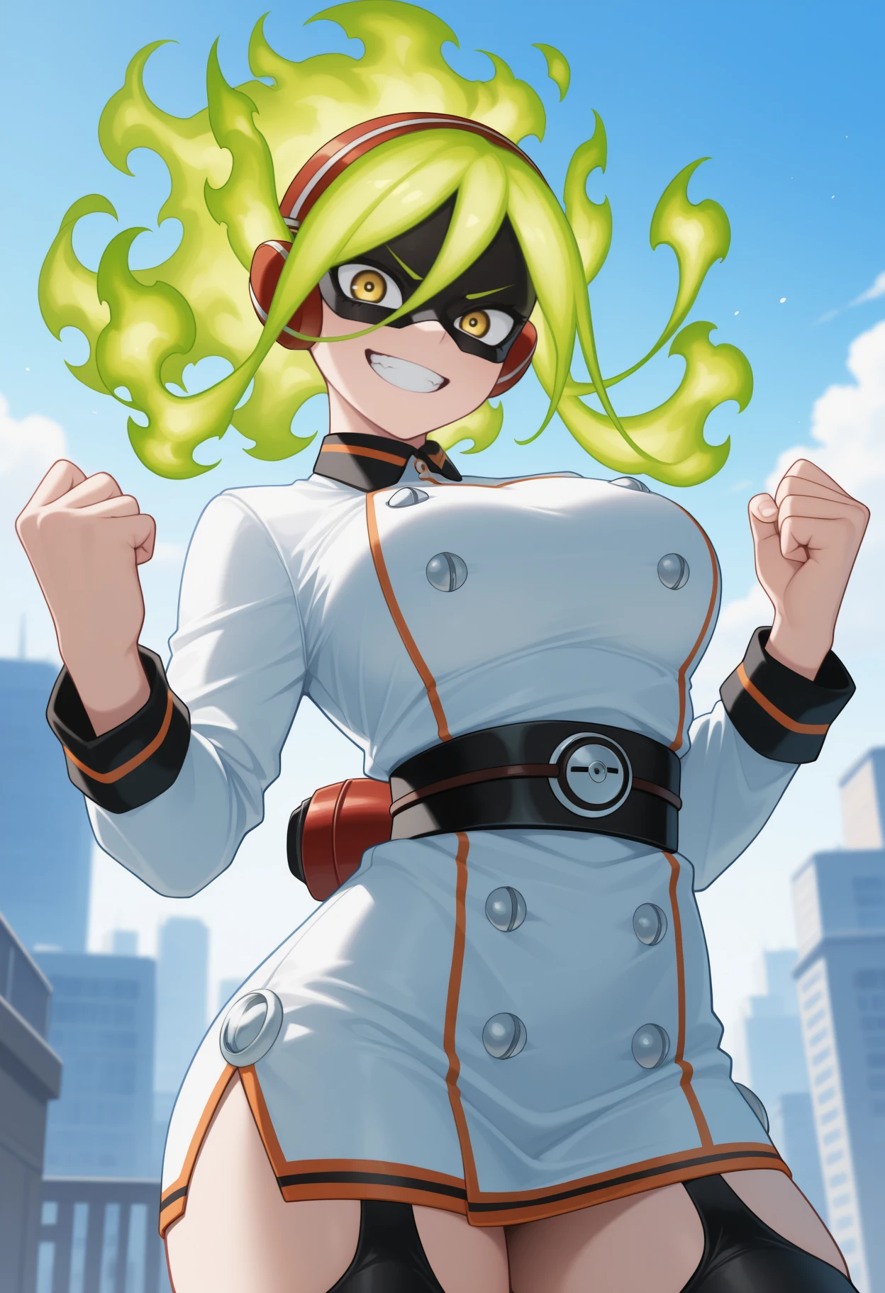 masterpiece, best quality, solo, 1girl, m0ekamiji, grin, looking at viewer, standing, hands up, clenched hands, green hair, fiery hair, headphones, yellow eyes, v-shaped eyebrows, black mask, eye mask, domino mask, white dress, short dress, buttons, double-breasted, belt, long sleeves, black thighhighs, garter straps, large breasts, outdoors, blue sky, cloud, city street
<segment:yolo-Anzhc Face seg 640 v2 y8n.pt,0.4,0.5//cid=1>