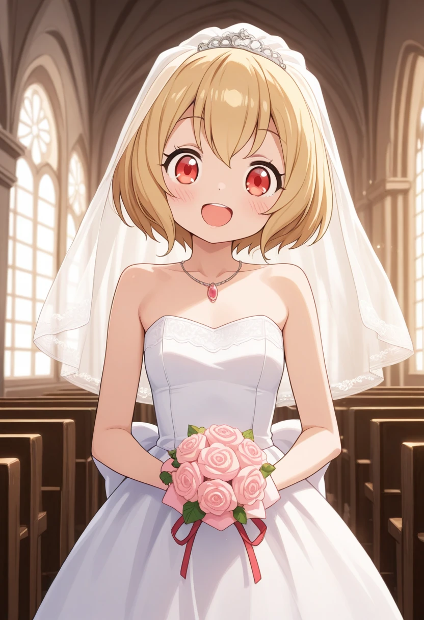 best quality, masterpiece, humansango, 1girl, solo, short hair, open mouth, smile, red eyes, blonde hair, church, wedding_dress, wedding veil