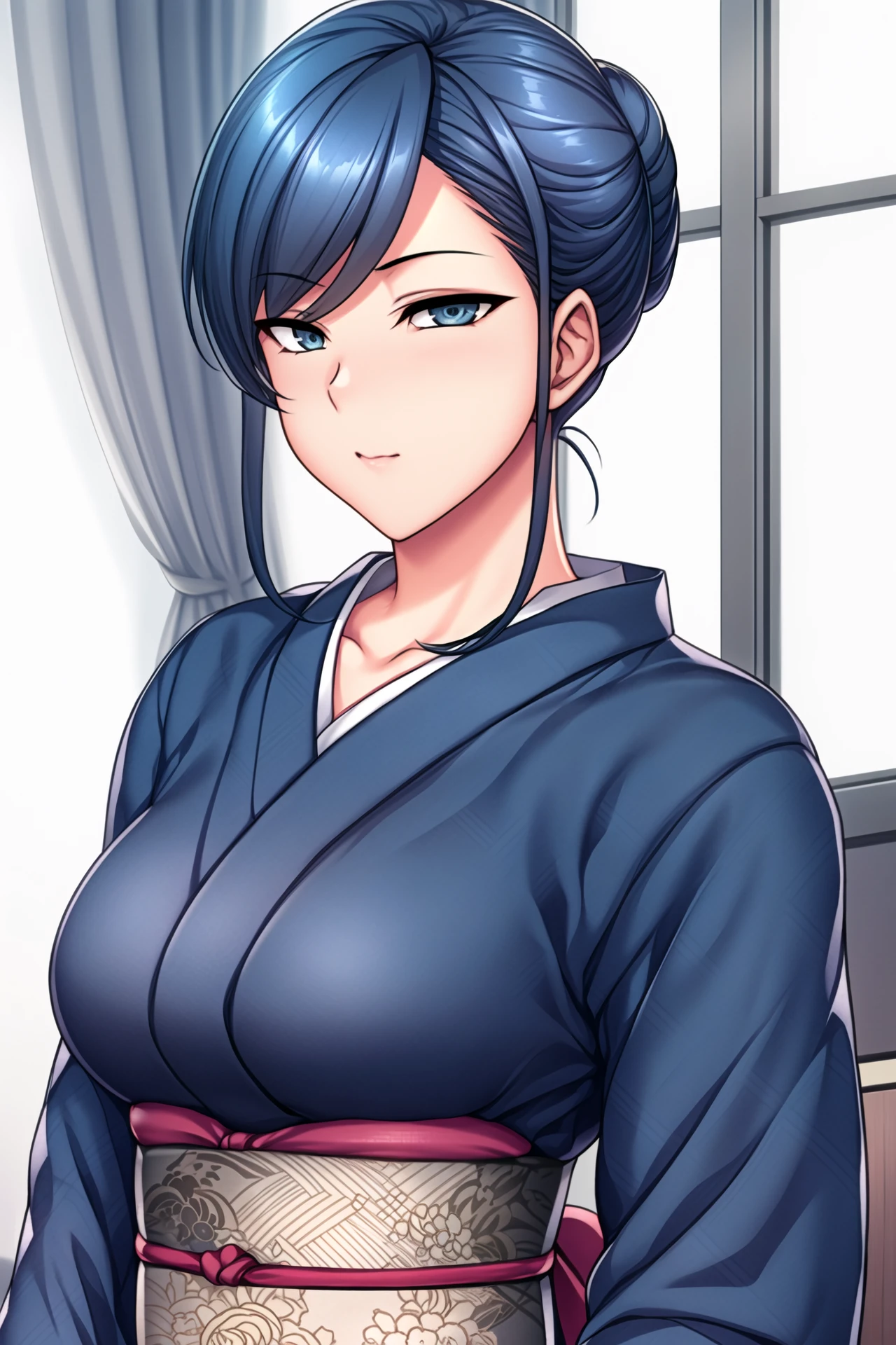 Simple White Background,
dynamic pose,standing at attention,
Blue kimono, japanese clothes, collarbone, long sleeves, wide sleeves, 
<lora:Tsukishima_Milf_SaiminSeishidou-KK77-V1:0.7>, Tsukishima_Milf_SaiminSeishidou,
Blue eyes, blue hair,bangs,Short hair, Hair Bun,
<lora:Oda_Non_Style-KK77-V2:0.3>,<lora:more_details:0.1>,<lora:SaiminSeishidou_Lesson_Style-KK77-V1:0.3>,
1 girl, 20yo,Young female,Beautiful long legs,Beautiful body,
Beautiful Nose,Beautiful character design, perfect eyes, perfect face,expressive eyes,perfect balance,
looking at viewer,(Focus on her face),closed mouth, (innocent_big_eyes:1.0),(Light_Smile:0.3),
official art,extremely detailed CG unity 8k wallpaper, perfect lighting,Colorful, Bright_Front_face_Lighting,White skin,
(masterpiece:1.0),(best_quality:1.0), ultra high res,4K,ultra-detailed,
photography, 8K, HDR, highres, absurdres:1.2, Kodak portra 400, film grain, blurry background, bokeh:1.2, lens flare, (vibrant_color:1.2),professional photograph,
(Beautiful,large_Breasts:1.4), (beautiful_face:1.5),(narrow_waist),