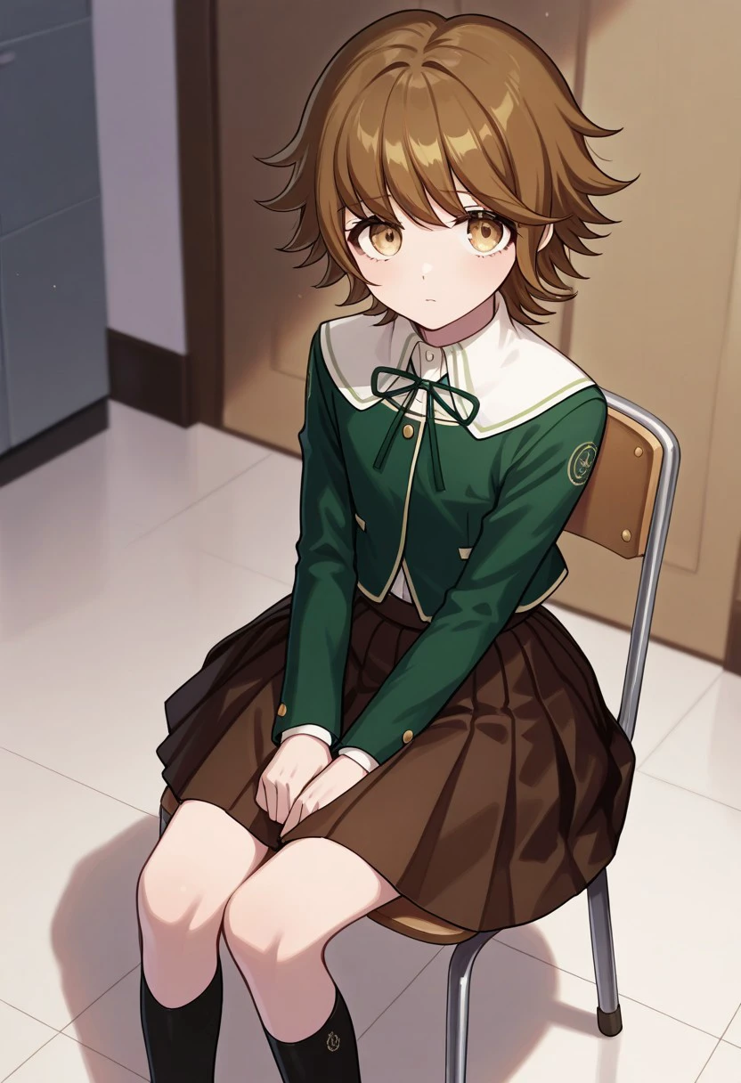 masterpiece, best quality, 
chihiro, 1boy, male focus, solo, brown eyes, brown hair, bangs, crossdressing, shirt, white shirt, collared shirt, ribbon, neck ribbon, jacket, green jacket, long sleeves, skirt, brown skirt, pleated skirt, socks, black socks, 
indoor, sitting, chair