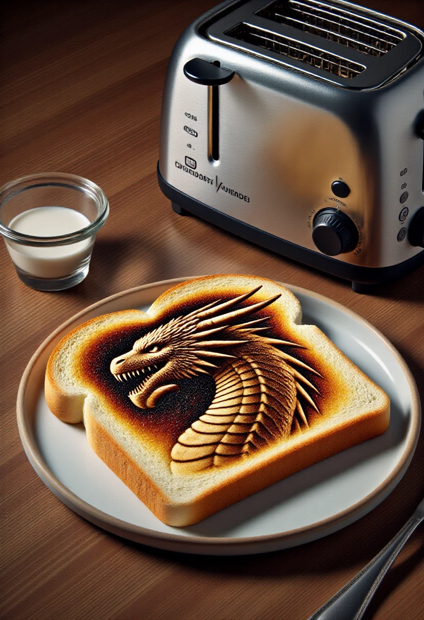 <lora:Toastastic_FLUX-000013:1.1>
This photograph features a slice of bread that has been toasted in a way that resembles a portrait of a dragon's face.