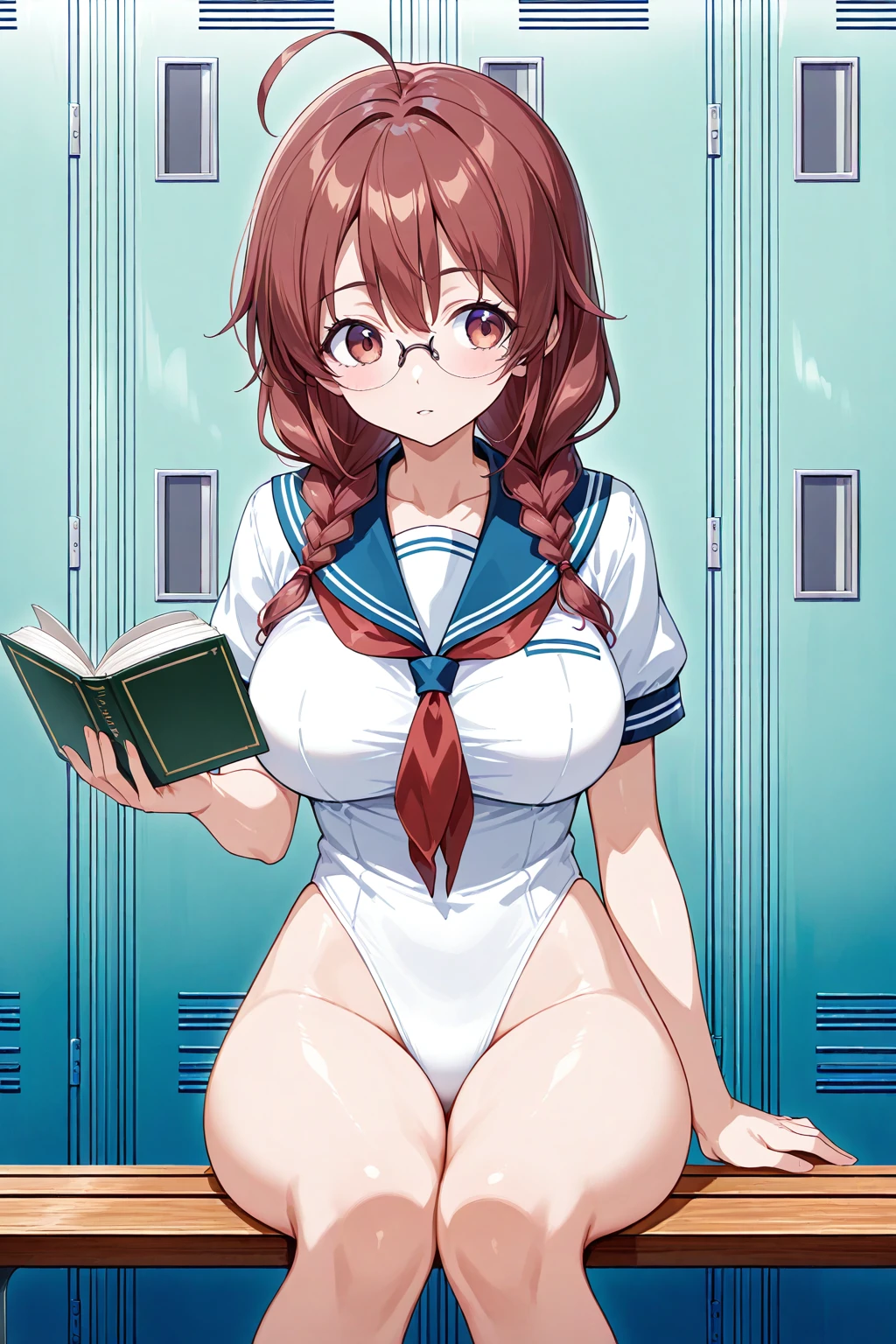 serafuku leotard, 1girl, solo, <lora:Serafuku Leotard Illustrious:0.6>, large breasts, locker room, indoors, ahoge, glasses, twin braids, sitting, bench, open book, holding book