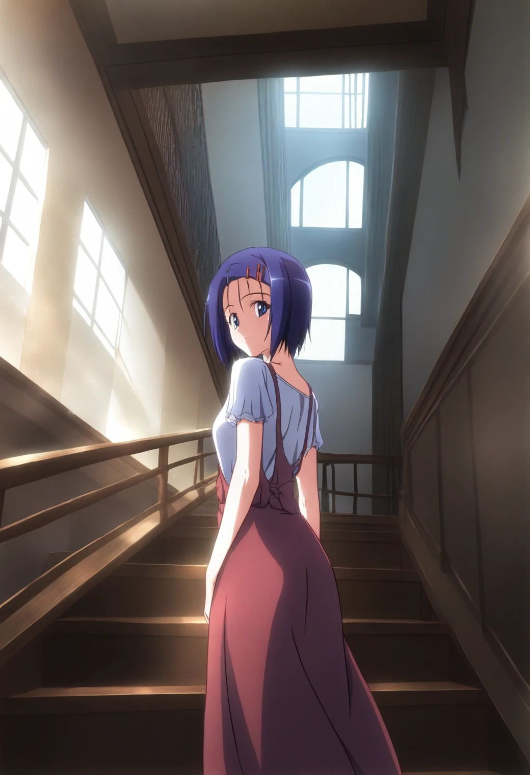 <lora:Haruna Sairenji - [To Love Ru] - illustriousXL v1:1>, sysdeep_haruna, hairpin, short hair, solo, Rustic staircase, casual dress, looking back, dim sunlight