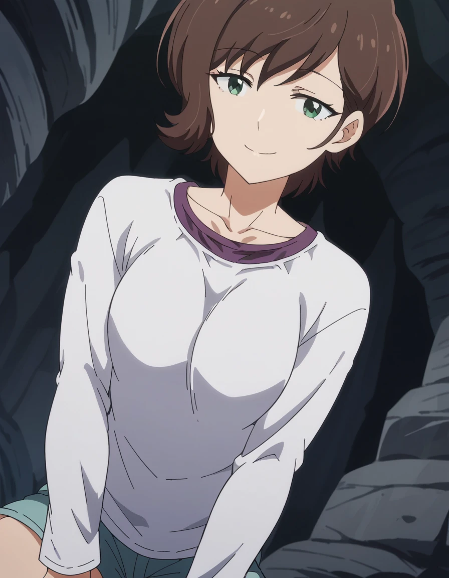 score_9, score_8_up, score_7_up, source_anime, <lora:kekkonsuru-kaori-s1-ponyxl-lora-nochekaiser:1>, kaori, short hair, brown hair, green eyes, medium breasts, anime screencap,, shirt, long sleeves, collarbone, white shirt, shorts,, cave, darkness, rocks, underground, stalactites, smile, hands on own knees, looking at viewer, solo,, dutch angle, cowboy shot