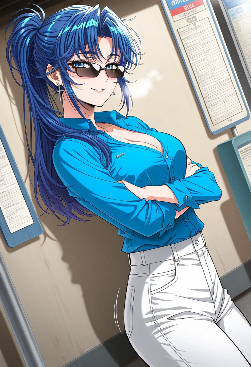 masterpiece, best quality, newest, highres, uncensored, 1girl, yokota mamoru style,1girl, slender face，motion lines,blush,torogao,looking at the viewer,seductive smile
Kouno Asami,Blue Hair, Curtained Hair, Long Hair, Ponytail, Spiky Bangs, Straight Hair,Blue Eyes,Medium Breasts, Slim, Cross Earrings
1girl,solo
shirt, blue shirt, cleavage, pants, white pants,, bus stop, waiting, commuter, smartphone, checking time, cold morning, , <lora:deal-with-it-ponyxl-lora-nochekaiser:1> deal with it, deal with it (meme), meme, sunglasses, bed room, crossed arms, from side, smile, cowboy shot, looking at viewer,, looking at viewer, solo,, dutch angle, cowboy shot