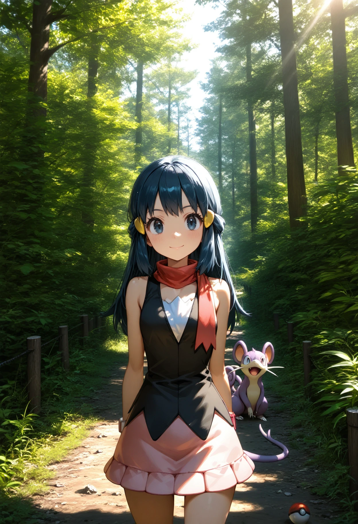 solo,
1girl,dawn \(pokemon\),skirt,sleeveless,smile,
cowboy shot,
pokemon \(creature\),Rattata,
nature,outdoors,tree,forest,day,sunlight,sky,plant,grass,fence,nature road,
poke ball,
<lora:99coins_japanese_central_forest_illu:0.8>,
masterpiece,best quality,