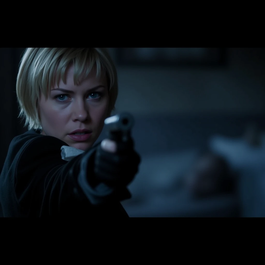 cinematic film still of  <lora:horror style silent hill v1:0.7>
In the mysterious New England town of Silent Hill Protagonist a woman holding a gun in a dark room, 1girl, solo, looking at viewer, short hair, blue eyes, gloves, weapon, blurry, gun, depth of field, holding gun, handgun, realistic, cinematic, supernatural, horror style, Sairento Hiru style, holding, upper body, parted lips, lips, blurry foreground, nose, photorealistic, shallow depth of field, vignette, highly detailed, high budget, bokeh, cinemascope, moody, epic, gorgeous, film grain, grainy