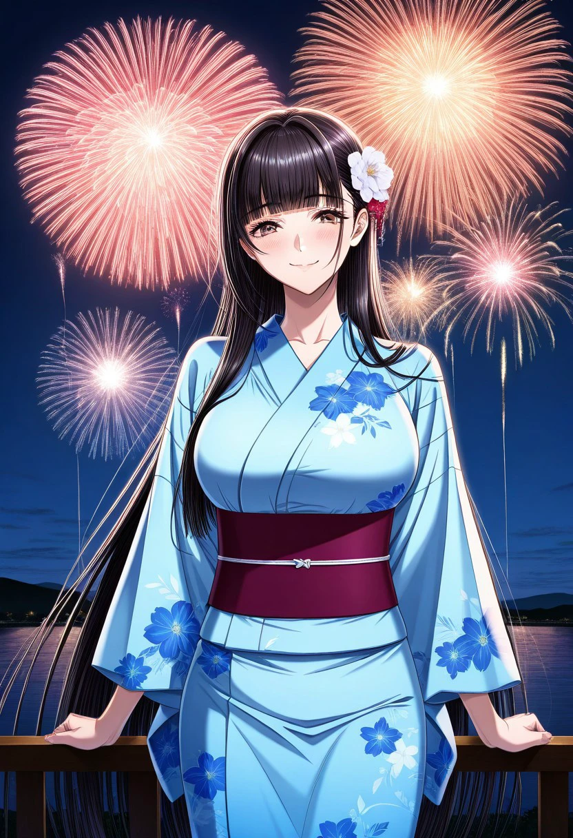 (((((tifa lockhart:1.5))))),((Highest quality、masterpiece、anime style、best quality、high resolution、8k、detailed、ultra-detailed:1.3))、Long legs:1.2, Beautiful woman with perfect figure:1.4、(Smiling:1.2), double eyelid、30-year-old female、((((One Woman,beautiful face,Beautiful face:1.5)))),Big Breasts、High resolution, accurate, Anatomically correct, High-resolution model, high quality, Very detailed, Ultra high definition、Black Hair、Straight Hair、Long Hair、(((summer、Starry Sky、Beach、long KIMONO、firework、Upper Body:1.1)))、solo,
