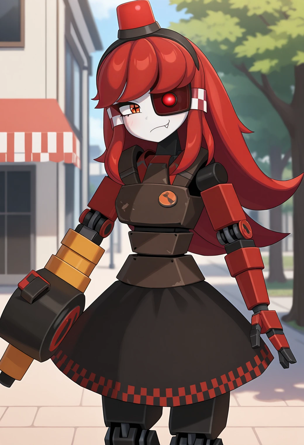 highres, best quality, masterpiece, outdoors, 
solo, 1girl, mimistrytf, mechanical eye, red hair, orange eyes, red eyes, long hair, hair tubes, mini hat, alarm siren, symbol-shaped pupils,
robot girl, black skirt, robot joints, red arm, yellow arm,
looking at viewer, bored, fang,
standing, arm cannon,
<lora:_mimi_sentry-elesico-ilxlDB:1.25>