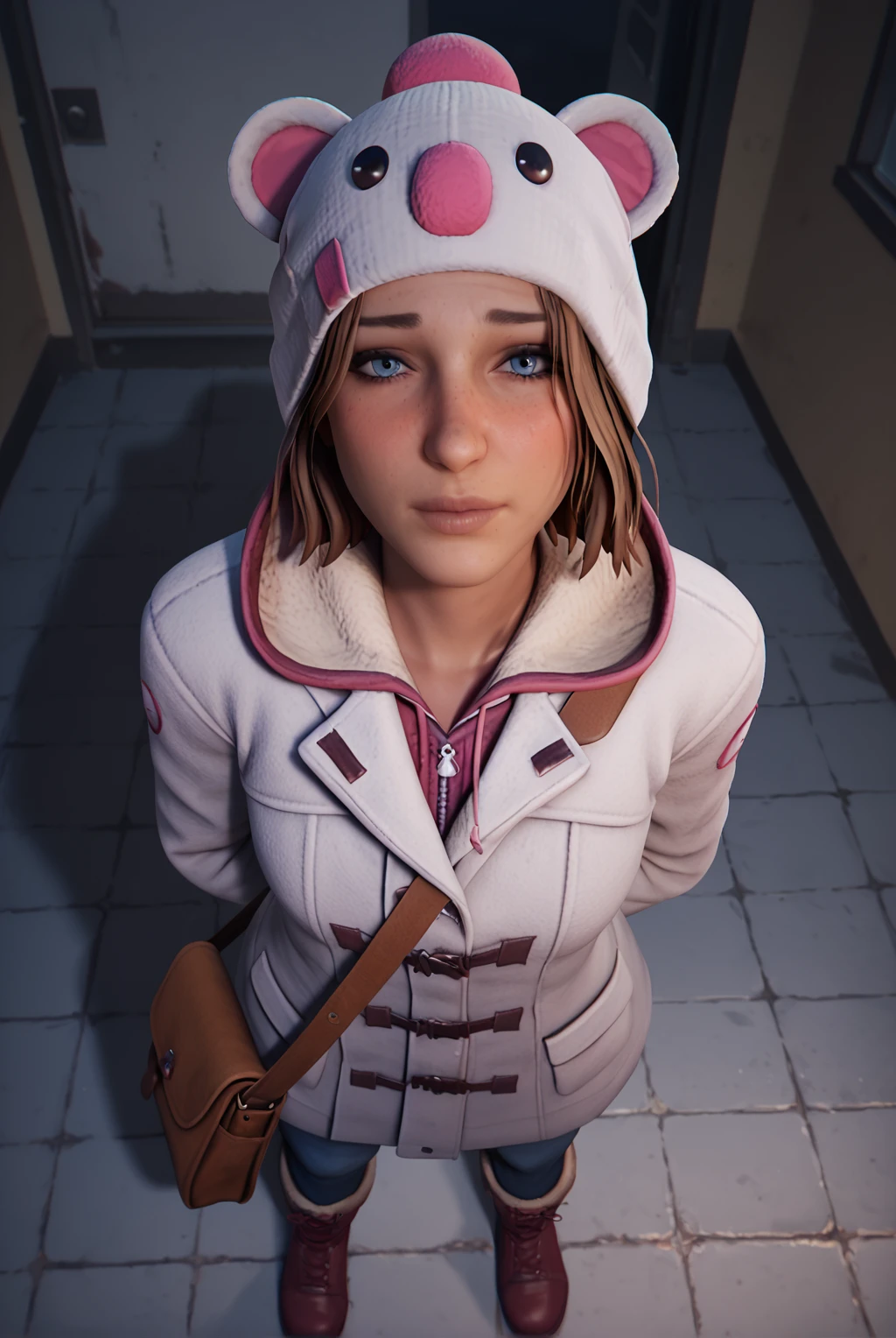 score_9, score_8_up, score_7_up, 1girl, max caulfield, short hair, blue eyes, brown hair, freckles, long sleeves, gloves, animal ears, fake animal ears, white headwear, hood down, red gloves, white coat, shoulder bag, winter clothes, animal hat, winter, pink gloves, hooded coat, winter coat, duffel coat, night, nervous, looking at viewer, realistic, blush, standing, pants, boots, from above, arms behind back, dark, abandoned hospital, floor, messy, dirt