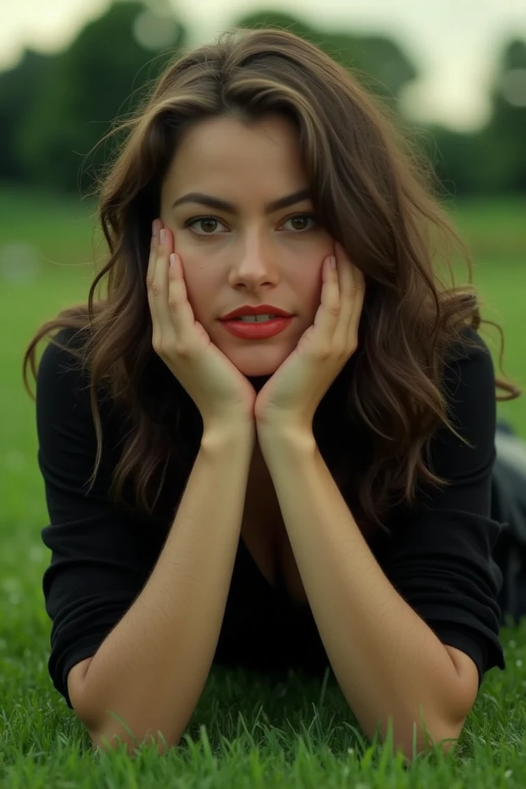 a woman with long, wavy hair and dark eyes is seated on a grassy field. She is wearing a black top. Her lips are painted a vibrant shade of red, adding a pop of color to her face. Her hands are in front of her face, adding texture to the scene. The background is blurred. She is lying down in the grass on her belly.