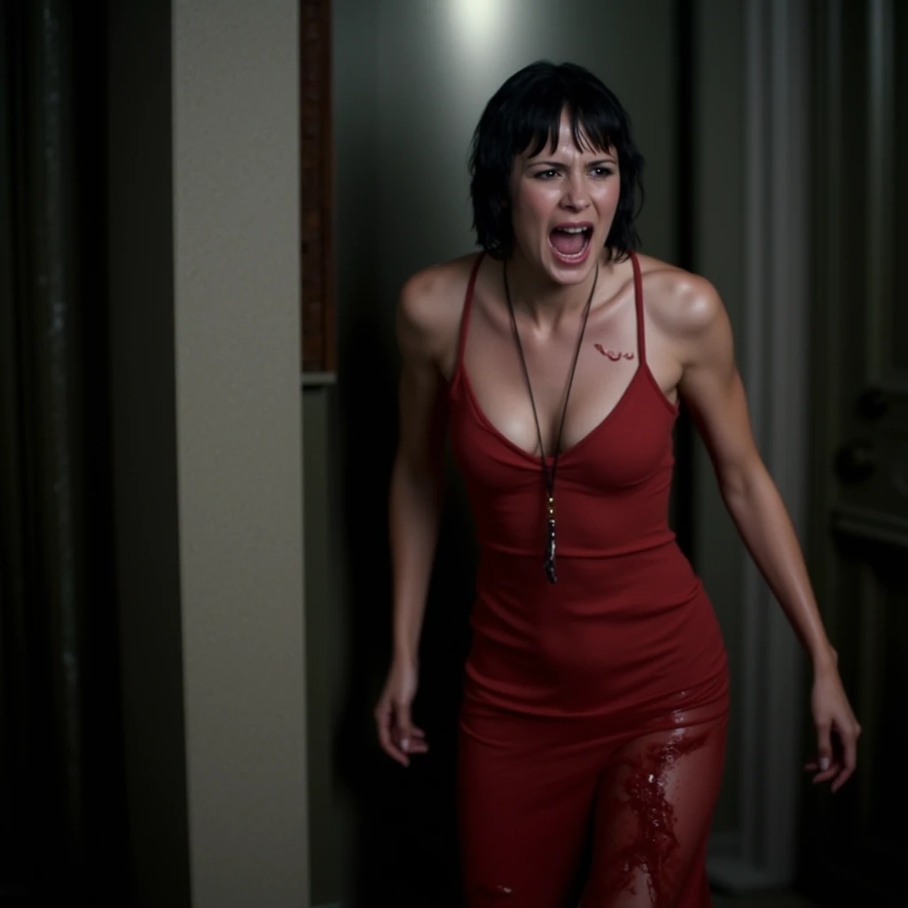 cinematic film still of  <lora:horror style silent hill v1:0.7>
In the mysterious New England town of Silent Hill Protagonist a screaming wet woman in a red dress is standing in a doorway, 1girl, solo, open mouth, necklace, blood, injury, realistic, horror (theme), cinematic, supernatural, horror style, Sairento Hiru style, short hair, black hair, shallow depth of field, vignette, highly detailed, high budget, bokeh, cinemascope, moody, epic, gorgeous, film grain, grainy