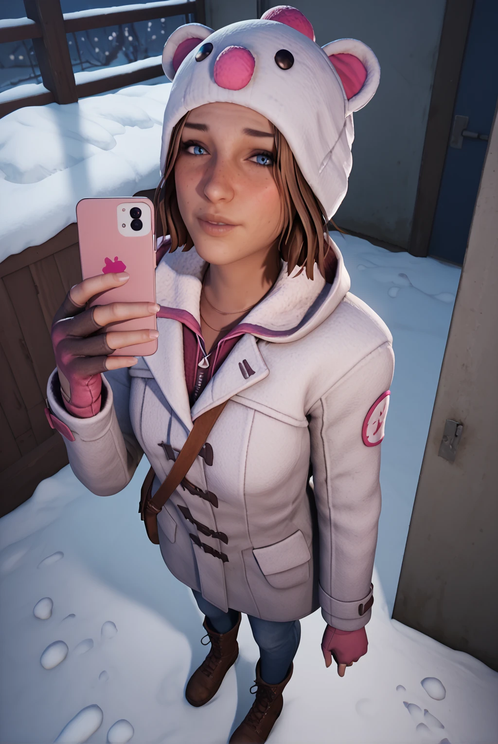 score_9, score_8_up, score_7_up, 1girl, max caulfield, short hair, blue eyes, brown hair, freckles, long sleeves, gloves, animal ears, fake animal ears, white headwear, hood down, white coat, shoulder bag, winter clothes, animal hat, winter, pink gloves, hooded coat, winter coat, duffel coat, night, nervous, looking at viewer, realistic, blush, standing, pants, boots, from above, selfie, smartphone, dark, abandoned hospital, floor, messy, dirt, snow, falling snow