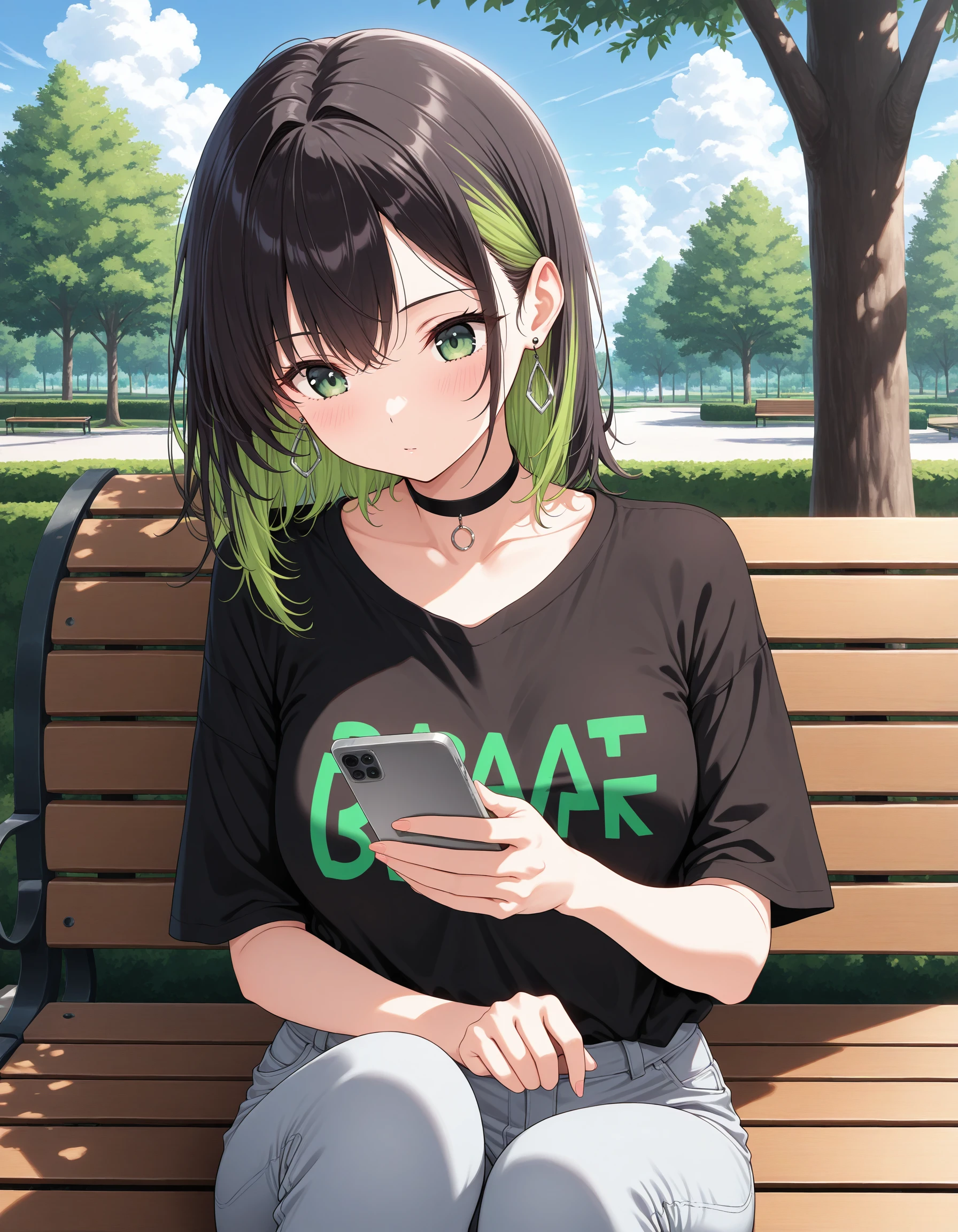 (masterpiece, best quality,high_detail),1girl, petite, dark hair, medium breasts, two-tone hair, green streaks, portrait, earrings, dark tee-shirt, pants, sitting, park bench, grey phone, texting, outdoors, trees, clouds,