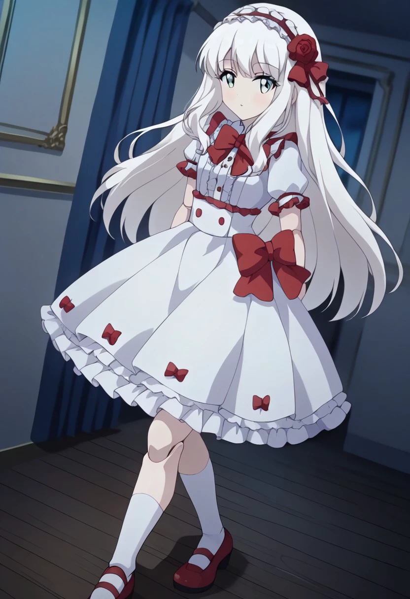 score_9,score_8_up,score_7_up,score_6_up,blurry, blurry background,1girl,mary,long hair,white hair,blue eyes,red bow,hairband,bangs,hair flower,dress,white dress,frills,shoes,red footwear,socks,mary janes,closed umbrella,doll joints,doll articulations,sexy thighs,upper body,volumetric light,standing,posing,friendly,indoors,living room,cowboy shot,dutch angle