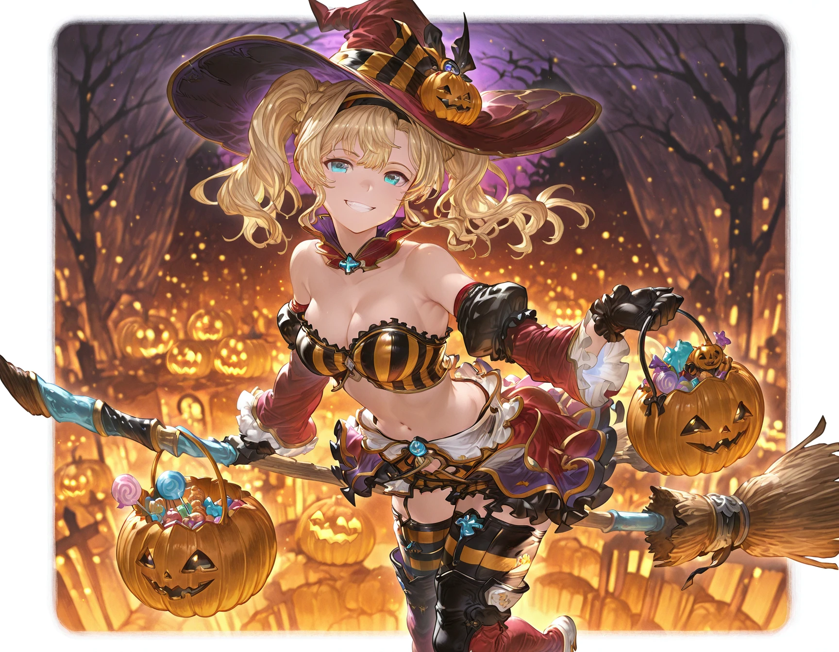 masterpiece, best quality, amazing quality,  
 <lora:zetaIL:1>, zetaIL, zetahallo, twintails, witch hat, halloween costume, striped bra, detached collar, black gloves, midriff, navel, detached sleeves, bare shoulders, 1girl, solo, long hair, looking at viewer, smile, thighhighs, gloves, hat, cleavage, medium breasts, hairband, food, striped, grin, candy, broom, halloween, jack-o'-lantern, pumpkin, broom riding, halloween bucket
<lora:GBF_Illustrious:1>, gbf_style