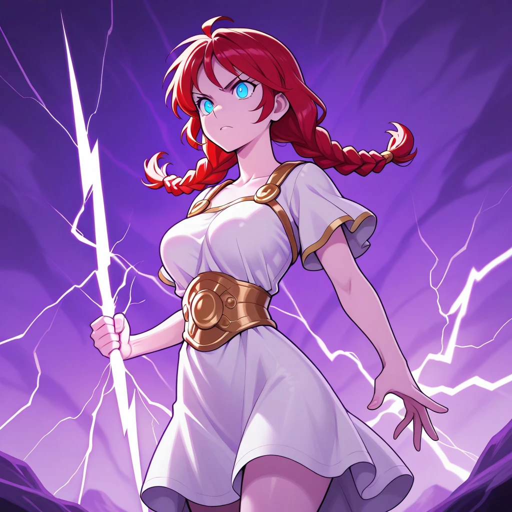 masterpiece, best quality, HoldingZeusThunderBolt, holding lightning , 1girl, solo, red hair, twin braids, blue eyes, white dress, cowboy shot, <lora:HoldingZeusThunderBolt_illustrious_Leaf2-000010:1>, purple theme,