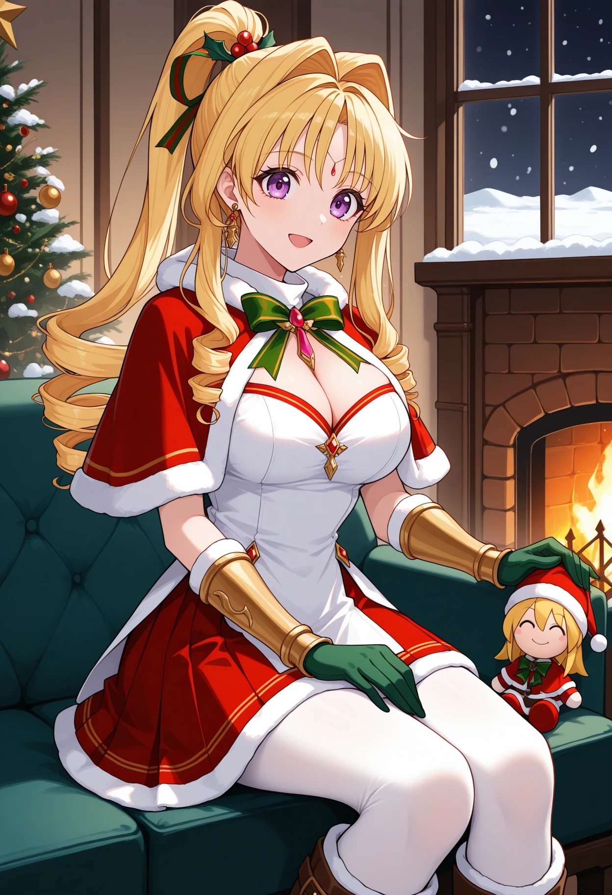 masterpiece,best quality, ,<lora:kmaron:1> kkjeanne, 1girl, solo, blonde hair, purple eyes, forehead jewel, hair intakes, drill hair, high ponytail, long hair, earrings,alternate costume,
1girl, sitting, ^ ^, head scarf, red capelet, fur trim, green bowtie, white dress, cleavage, white and red skirt, vambraces, green gloves, christmas, pantyhose, boots, character doll, fireplace, couch, window, snow,