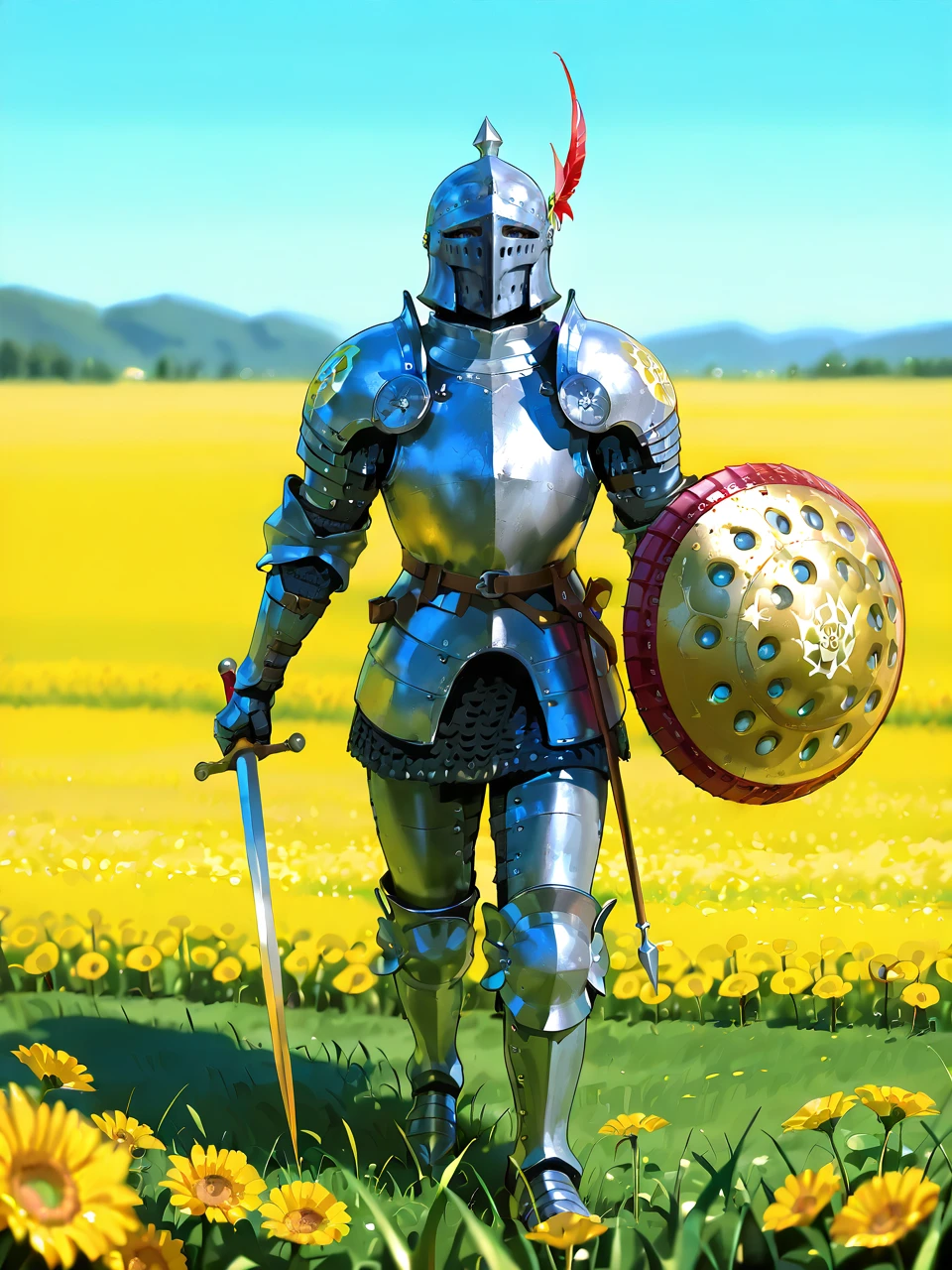 ancient full armor knight, 
masterpiece, latest, best quality, very aesthetic, absurdres, (high resolution:1.1), detail, (best quality:1.1),
holding round shield, 
outdoors, field, detailed background, 
<lora:Gyan_Shield_Illustrious:1>, gyanshield,