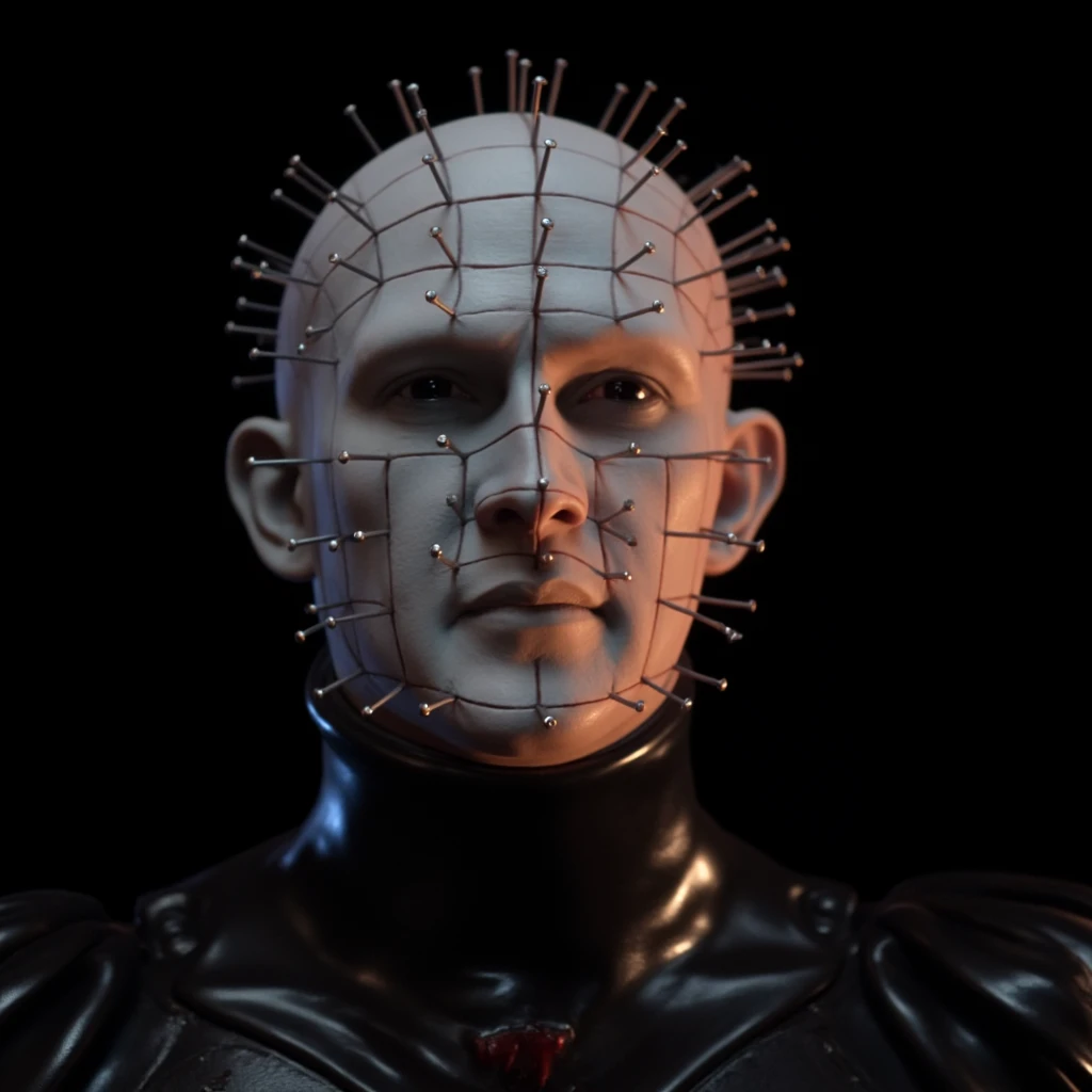 cinematic film still of  <lora:Pinhead v1:0.9>
Pinhead a man with a pinhead on his face 1980's, action, horror, movie themed, sharp, detailed, epic cinematic photography, artistic, dramatic light, cinematic color style, Kodak film style, Hellraiser style, solo, simple background, 1boy, male focus, armor, blood, black background, portrait, bald, stitches, spot color, closeup, shallow depth of field, vignette, highly detailed, high budget, bokeh, cinemascope, moody, epic, gorgeous, film grain, grainy