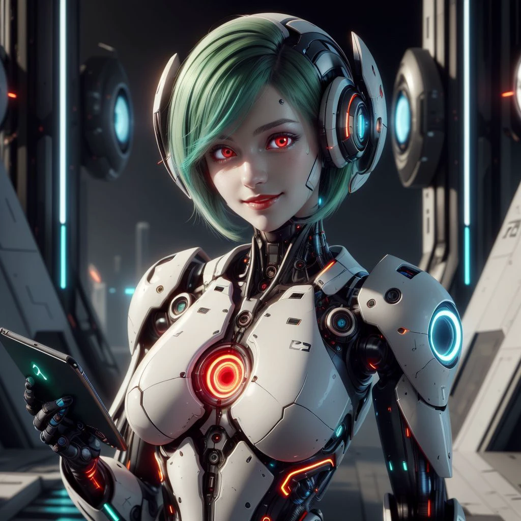 <lora:NV_ApatureTech_WM_SD:0.8> scifi , nv-aperturetech , glowing, 
closeup, small breasts, seductive smile, best quality, bob cut, red eyes, green hair,multicolored hair, aqua hair, 1girl, standing in a scifi city, holding a tablet, closed mouth,