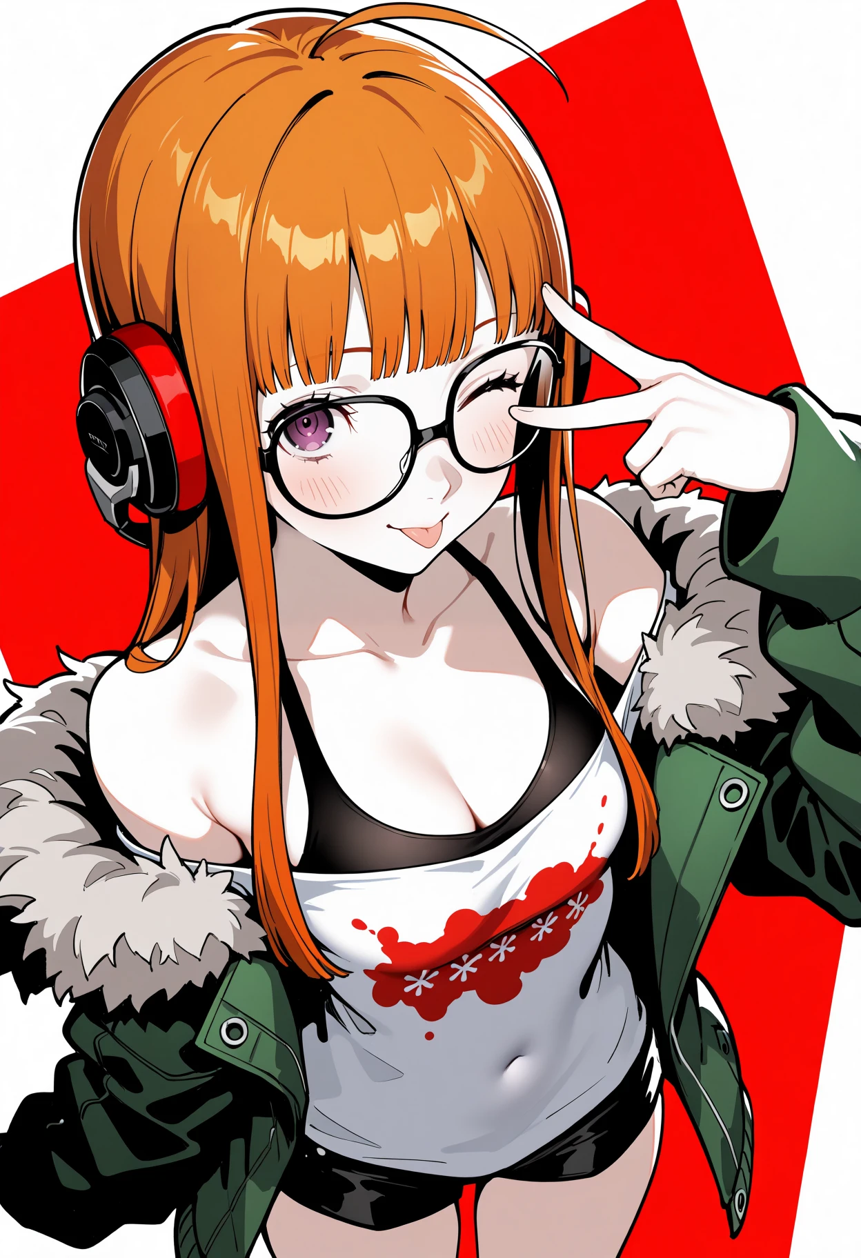 masterpiece, best quality, absurdres, newest, very aesthetic, amazing quality, highres, sensitive, from above, cowboy shot, monochrome, partially colored, solo, 1girl, persona, persona 5, sakura futaba, orange hair, long hair, ahoge, blunt bangs, purple eyes, headphones, behind-the-head headphones, glasses, black-framed eyewear, black tank top, black camisole, cleavage, white shirt, off-shoulder shirt, green jacket, fur-trimmed jacket, fur trim, long sleeves, black shorts, standing, v over eye, tongue out, closed mouth, one eye closed, looking at viewer, looking up, blush, simple background, white background, red background