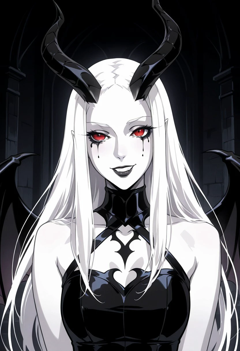 masterpiece, best quality, newest, absurdres, highres,  CastleVaniaStyle-IL.V1.0, 1girl, white skin, white colored skin, pale skin, albino, albino skin, horns, demon horns, demon girl, succubus, wings, bat wings, demon wings, goth, goth girl, goth makeup, runny makeup, smile, grin, closed mouth,