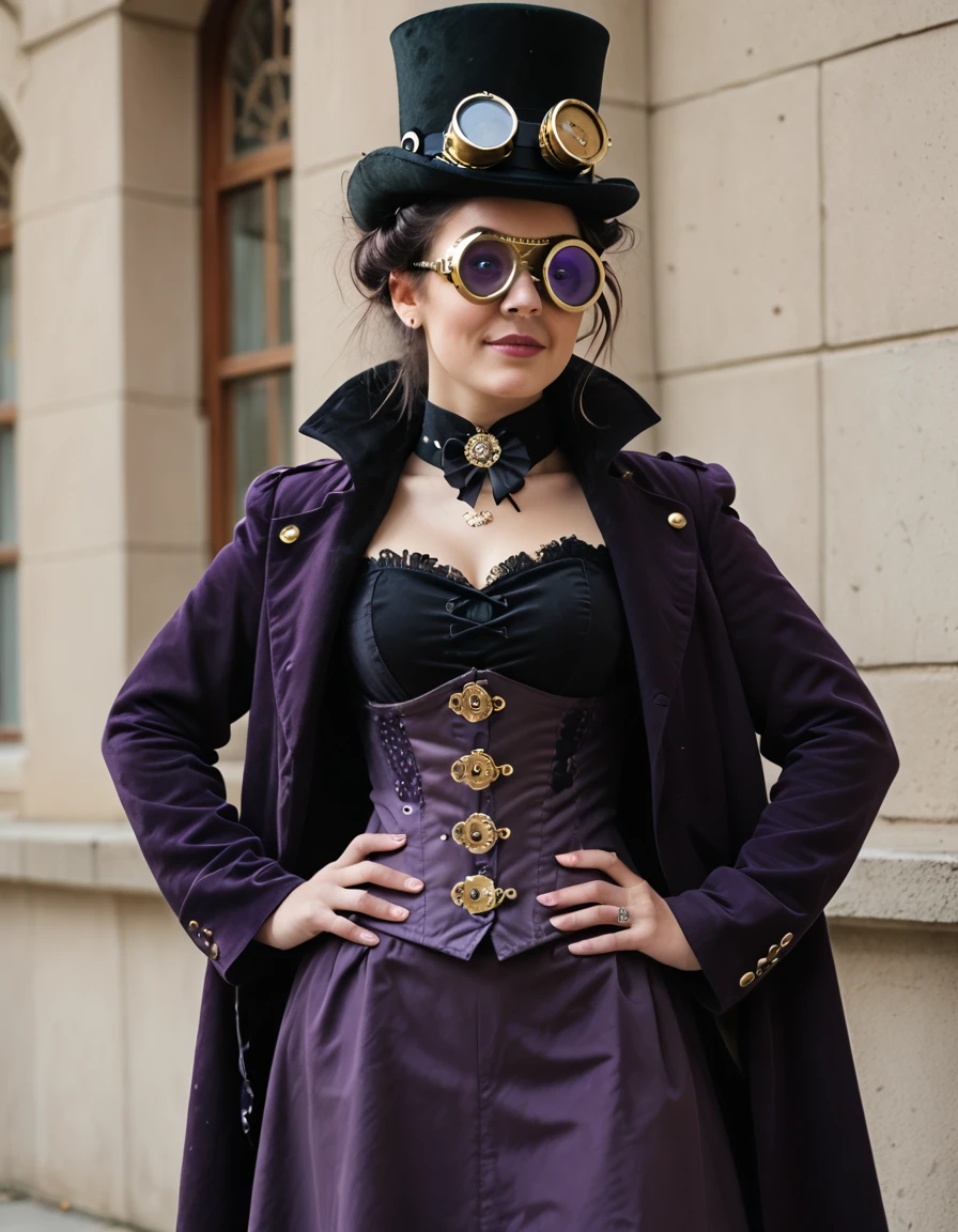 tophat, corset, coat, purple clothes, goggles, <lora:Steamy_Steampunk:1>