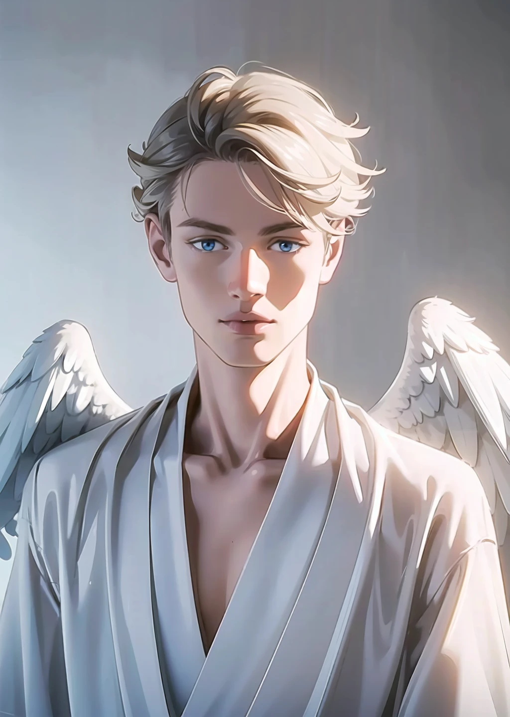 1boy,light blone hair,light blone eyebrows,blue eyes,white robe,angel wings,(white background),((sunlight,glowing)),realistic,depth of field,Highly detailed,(ultra-detailed),(best quality:1.5,masterpiece:1.5),<lora:softlight:1>,softlight,