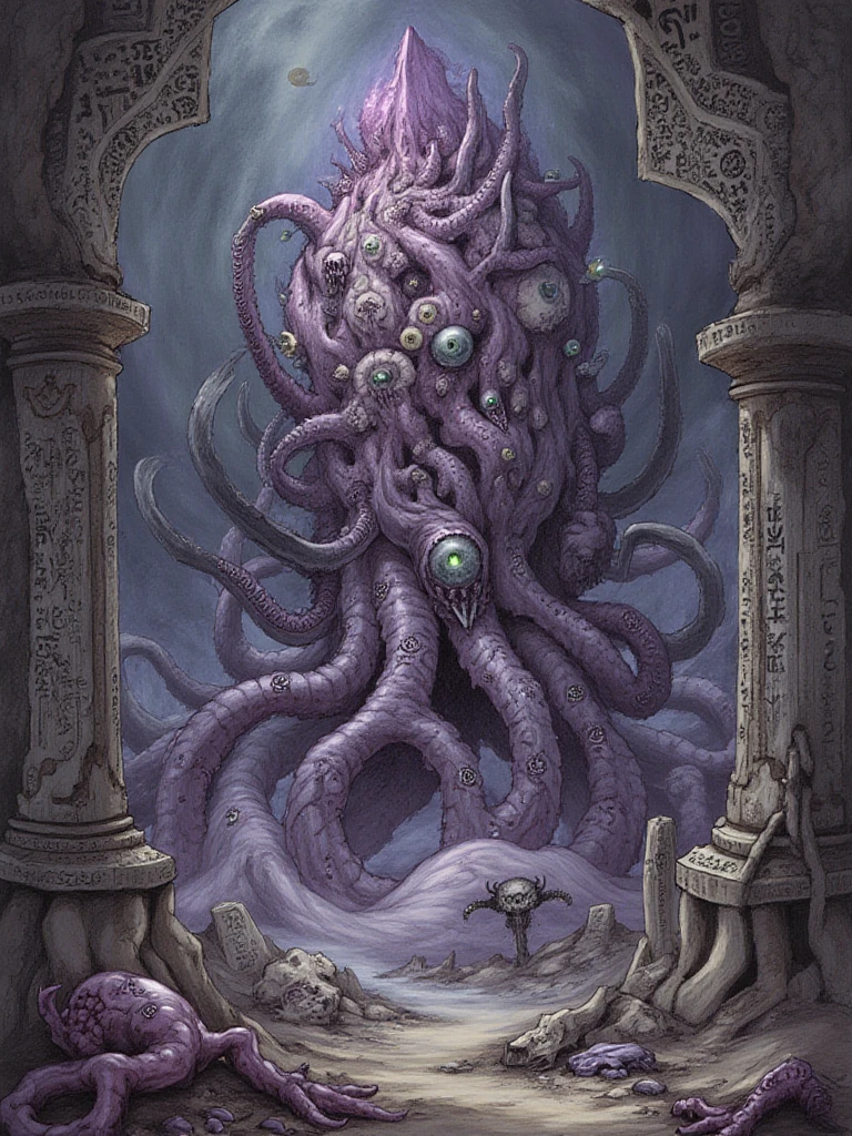 p116, desolate world, an eldritch horror emerging from the depths of a cosmic void, positioned centrally in the frame, the creature's massive form dominates the scene, its body is a writhing mass of tentacles and otherworldly appendages, with multiple eyes scattered across its grotesque form, the entity's skin has a sickly, iridescent sheen that seems to defy natural light, ancient runes and symbols float around it, glowing with an unnatural purple light, in the background, twisted architecture of impossible geometry stretches into the infinite darkness, suggesting a realm beyond human comprehension, the creature's presence warps the very fabric of reality around it, creating distortions in space-time, scattered human remains and broken artifacts lie at its base, emphasizing its overwhelming scale and power, the overall atmosphere is oppressive and nightmarish, with an otherworldly color palette of deep purples, sickly greens, and void-like blacks