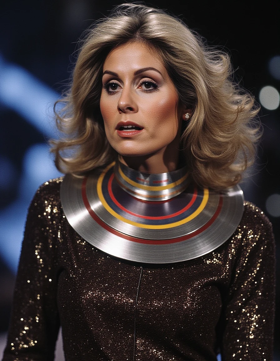 <lora:judith-light-flux:1> wearing a space dress with a large disc collar that looks like the rings of saturn and goes all the way around her neck ridiculous with different colored rings