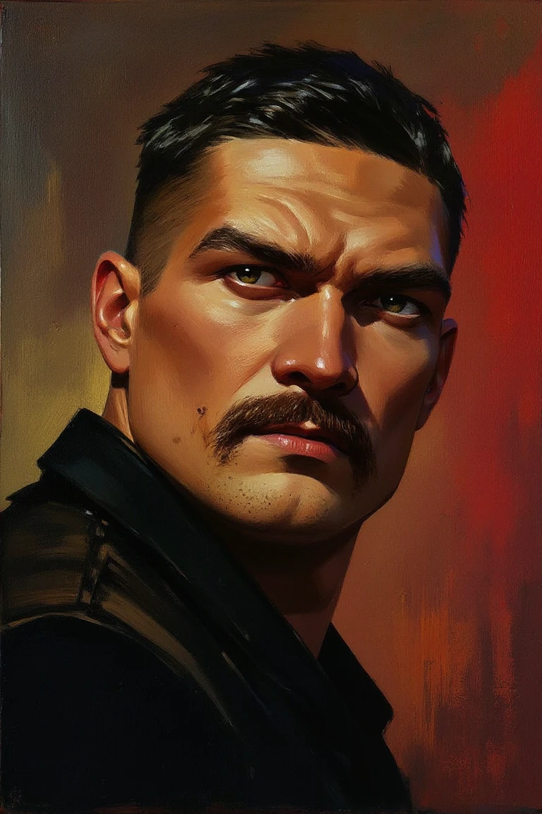 oil painting portrait,expressive brush strokes. dramatic illustration of a 36y old man Esc_OleksandrUsyk,with a strong,rugged appearance. He has short,dark brown hair that is neatly trimmed and styled with a fade at the sides and back,leaving a bit of hair on top. He has a well-groomed,neatly trimmed mustache that is styled to slightly curl upwards at the ends. His skin is fair with a slight stubble,giving him a rugged look.,
mysterious glow,masterpiece,night,neon lit,red and gold lighting effects.,<lora:Test_OS:0.6>,<lora:Oleksandr_Usyk:1>,