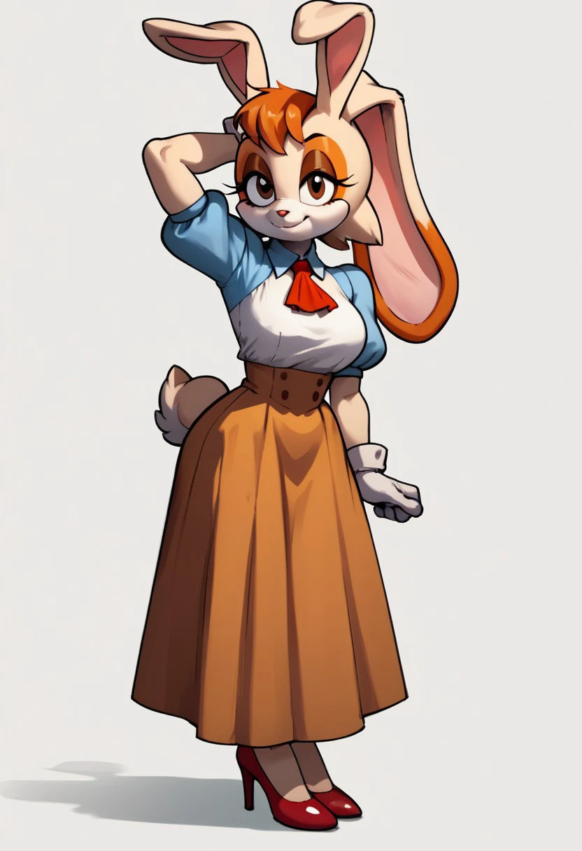 score_9, score_8_up, score_7_up, score_6_up, score_5_up, score_4_up, source_furry, VanillaTheRabbit, Vanilla The Rabbit, 1girl, solo, breasts, looking at viewer, smile, skirt, simple background, shirt, gloves, white background, dress, standing, full body, short sleeves, shoes, puffy sleeves, white gloves, rabbit girl, arm up, high heels, puffy short sleeves, ascot, eyelashes, makeup, red footwear, furry, arm behind head, long skirt, skirt hold, rabbit ears, animal nose, brown eyes, animal ears, furry female, orange hair