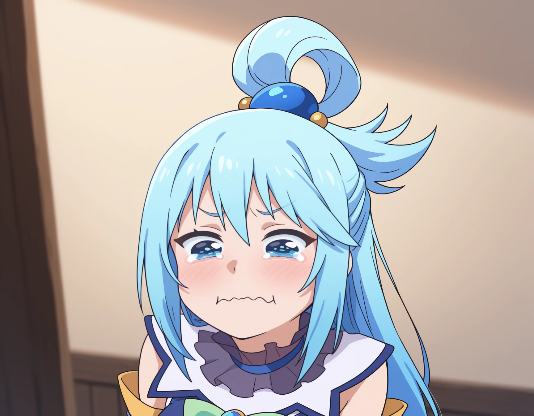 masterpiece, best quality, <break> solo, 1girl, aqua \(konosuba\), kono subarashii sekai ni shukufuku wo!, aquacrying, wavy mouth, closed mouth, tearing up, blue hair, hair rings, blue eyes
<segment:yolo-face_yolov8m.pt,0.4,0.5//cid=1>