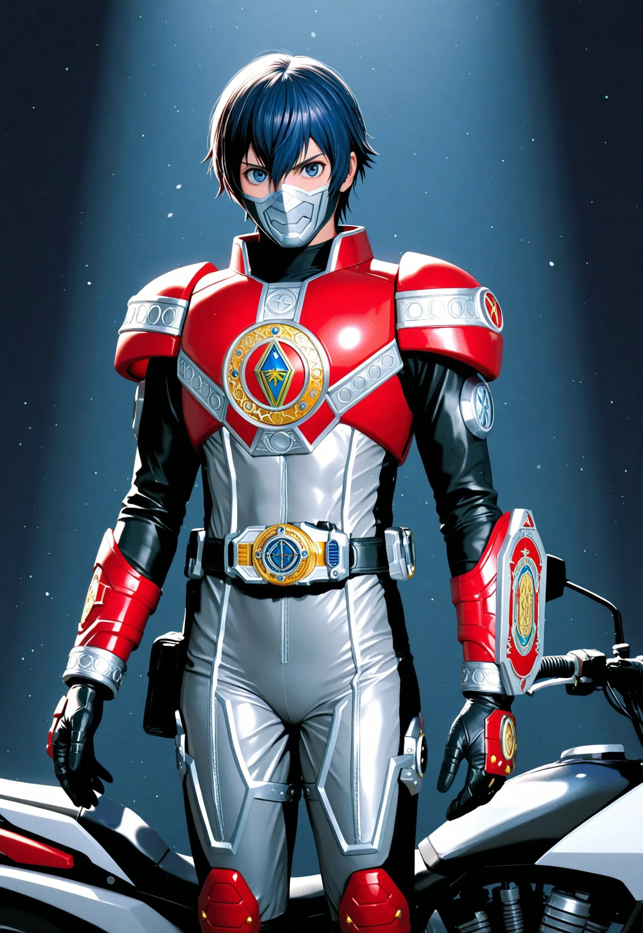 masterpiece, best quality, 32k, high resolution, absurdres, solo, armor, tokusatsu, bodysuit, shirogane naoto, rider belt, wheel of fortune (tarot), red armor, grey bodysuit, motorcycle