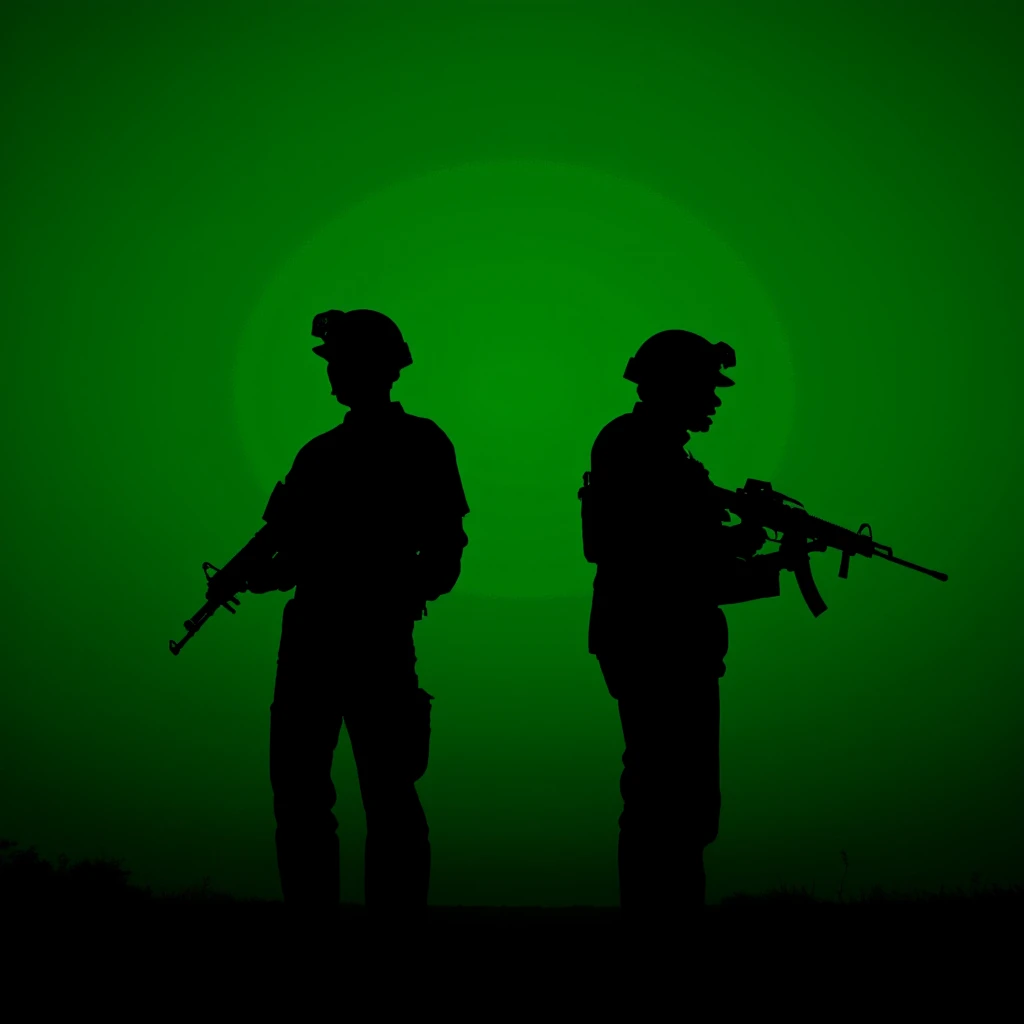 cinematic film still of  <lora:sicario style v1:0.9>
Night Vision a couple of silhouetted people standing in the dark green sky, holding, standing, green themed, monochrome, weapon, male focus, multiple boys, sword, 2boys, holding weapon, gun, night, silhouette, dark, over shoulder, weapon over shoulder, modern warfare, military tactical, movie themed, sharp, detailed, epic cinematic photography, artistic, dramatic light, cinematic color style, Kodak film style, sicario style, holding gun, rifle, green theme, silhouette, shallow depth of field, vignette, highly detailed, high budget, bokeh, cinemascope, moody, epic, gorgeous, film grain, grainy