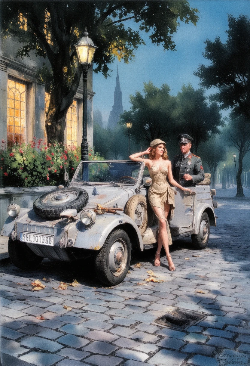 Illustration, a car parked in the suburbs of Paris in 1944 during World War II, a German officer and an attractive woman having a lovers' quarrel. Night, cobblestones, car in good condition, accurate historical research,<lora:ImpressionismFlux:1> ArsMJStyle, impressionism