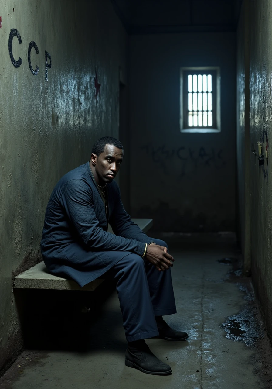 P.Diddy sits on a cold, hard bench in a large, communal cell of a Soviet Siberian Gulag. He is dressed in an old, tattered quilted jacket (ватник), worn-out and frayed blue pants, and an old ushanka with a red star, the ear flaps pulled down to protect against the biting cold. His face is gaunt and weary, with a look of despair and resignation in his eyes. The harsh conditions of the Gulag have taken their toll, evident in his unkempt appearance and the shadows under his eyes.

The cell is spacious but filthy, with cracked concrete floors covered in a layer of grime and dirt. The walls are made of rough, damp stone, stained with mold and mildew, and covered in scratches, gouges, and graffiti in Cyrillic script. The letters "CCCP" are crudely scratched into the surface, a stark reminder of the Soviet regime's iron grip. The letters are deeply etched, as if carved with desperation and defiance, among numerous other markings and messages left by previous inmates.

In the corner of the cell, a disgusting, open-pit toilet adds to the squalor. The toilet is nothing more than a hole in the ground, surrounded by stained and chipped concrete. The smell is overpowering, adding to the overall sense of misery and degradation.

A small, barred window high up on the wall allows a thin beam of light from an outside searchlight to cut through the darkness. The light casts long, eerie shadows on the cell floor, adding to the sense of isolation and despair. The window is frosted with ice, and the howling wind outside can be heard faintly, emphasizing the harsh Siberian winter.

The atmosphere is one of overwhelming cold, fear, and hopelessness. The air is thick with the smell of dampness, human waste, and the faint scent of burning coal from a distant furnace. The sound of distant guard dogs barking and the occasional clang of metal doors add to the oppressive ambiance. The only source of warmth is a small, flickering candle placed on a rickety wooden table, its flame dancing in the drafty air.

Other prisoners huddle together on the cold floor, wrapped in thin blankets, their faces etched with the same look of despair. The cell is filled with the sounds of coughing, whispered prayers, and the occasional sob, emphasizing the collective suffering and desperation.

P.Diddy's hands are clasped together, his knuckles white from the cold and tension. His breath is visible in the frigid air, each exhale a cloud of mist. The overall scene is one of utter desolation and the crushing weight of imprisonment, with P.Diddy's presence adding a layer of poignant humanity to the bleak setting

P.Diddy 