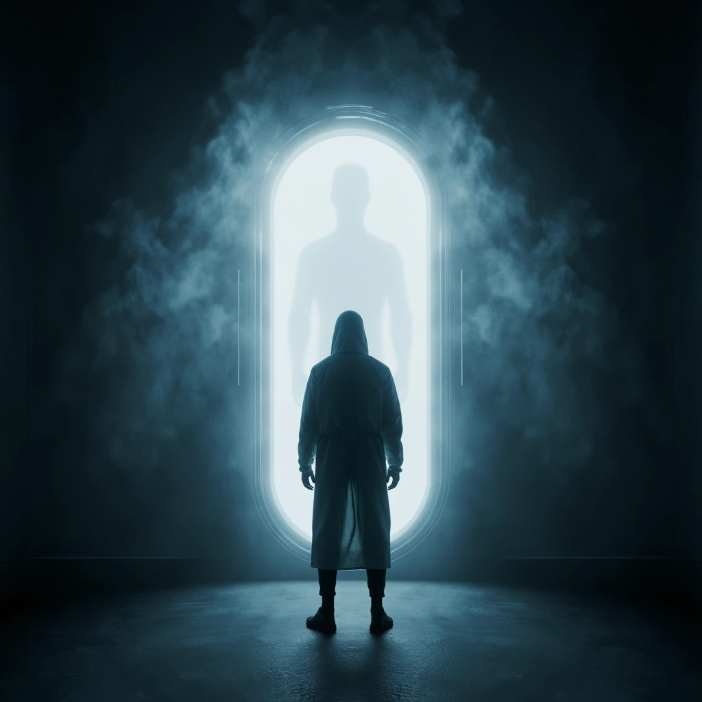 Hyperrealistic art of  <lora:Cryonics style v1:0.9>
Cryonics a black man in protective lab coat standing in front of a portal inside a fog room with a portal door open, solo, indoors, steam, door, horror (theme), fog
, Extremely high-resolution details, photographic, realism pushed to extreme, fine texture, incredibly lifelike