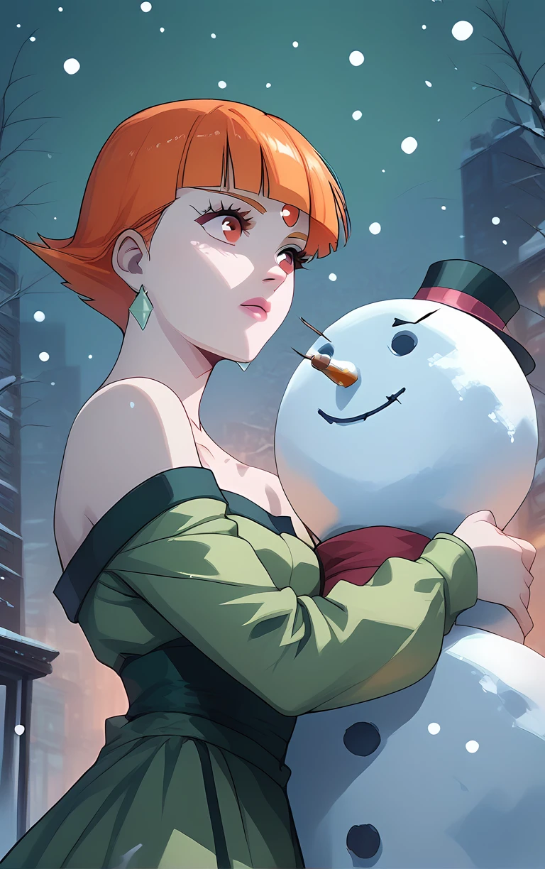 sh4r0norange, 1girl, green dress, bare shoulders, pale white skin,short hair, orange hair, red eyes, blunt bangs, pink lips, earrings, forehead jewel, sn0wm4n, snowman, top hat, winter cyberpunk city scene, snowing, <lora:Sharon_Apple_-_Macross_Plus_v1:0.7>, <lora:build_a_snowman_concept_v1:1.0>, score_9, score_8_up, score_7_up, score_6_up, score_5_up, score_4_up,