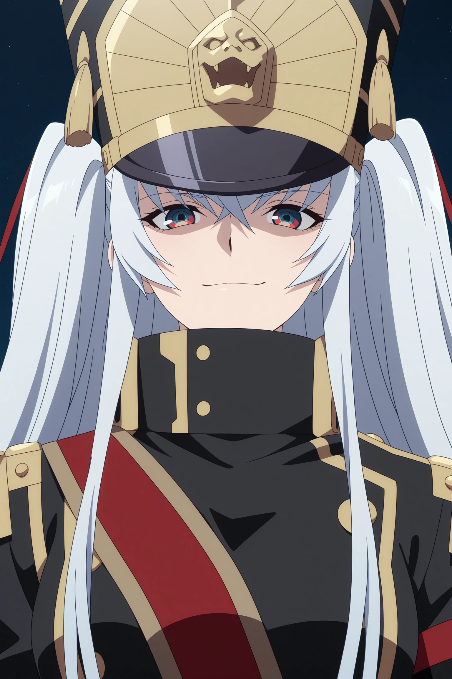 masterpiece, best quality, amazing quality, highres, absurdres, very aesthetic, high resolution, ultra detailed, perfect details, 1girl, solo, outdoors, (night sky:1.5), medium breasts, military uniform princess, white hair, absurdly long hair, sidelocks, two side up, hair ribbon, multicolored eyes, square pupils, military uniform, long sleeves, armband, shako cap, gauntlets, sash, long coat, long skirt, belt, high heel boots, knee boots,  <lora:Altair_Recreators_ILXL:0.8>, (aged up:1.2), (portrait:1.8), anime coloring, anime screencap, looking at viewer, (pose:1.4), smirk, (hovering:1.5)